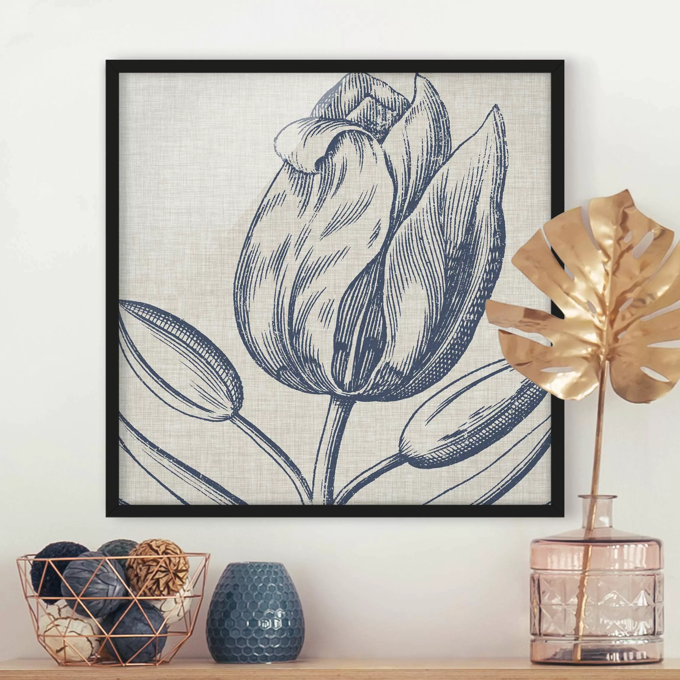 Bild mit Rahmen Blumen - Quadrat Indigo Blüte auf Leinen IV günstig online kaufen