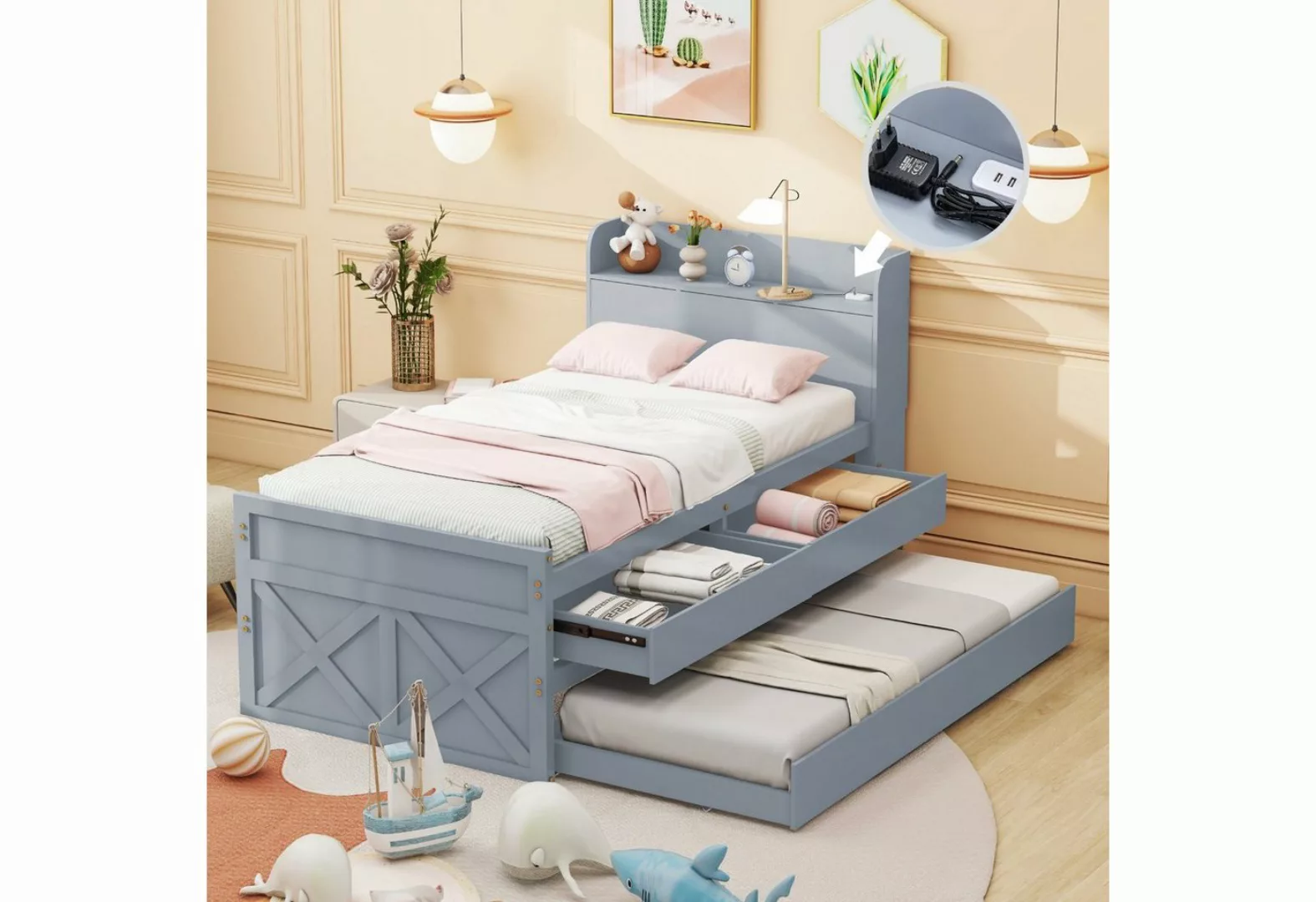 OKWISH Stauraumbett Einzelbett mit ausziehbarer Schublade Lattenrost (Nacht günstig online kaufen