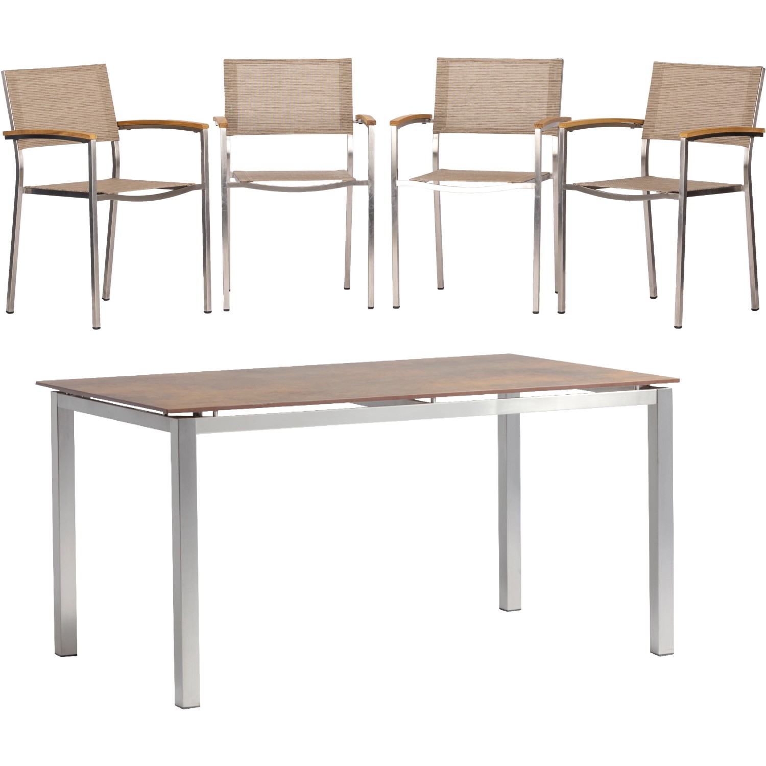 Acamp Set 4x Stapelsessel Skye 1x Tisch Skye 150 cm x 90 cm Edelstahl-Cemen günstig online kaufen