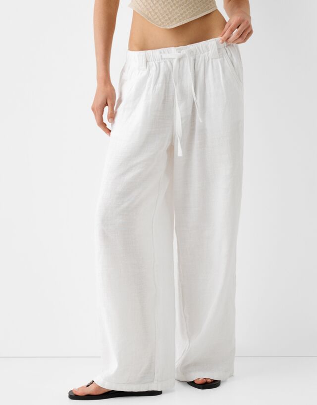 Bershka Wide-Leg-Hose Aus Leinenmischung Damen L Weiss günstig online kaufen