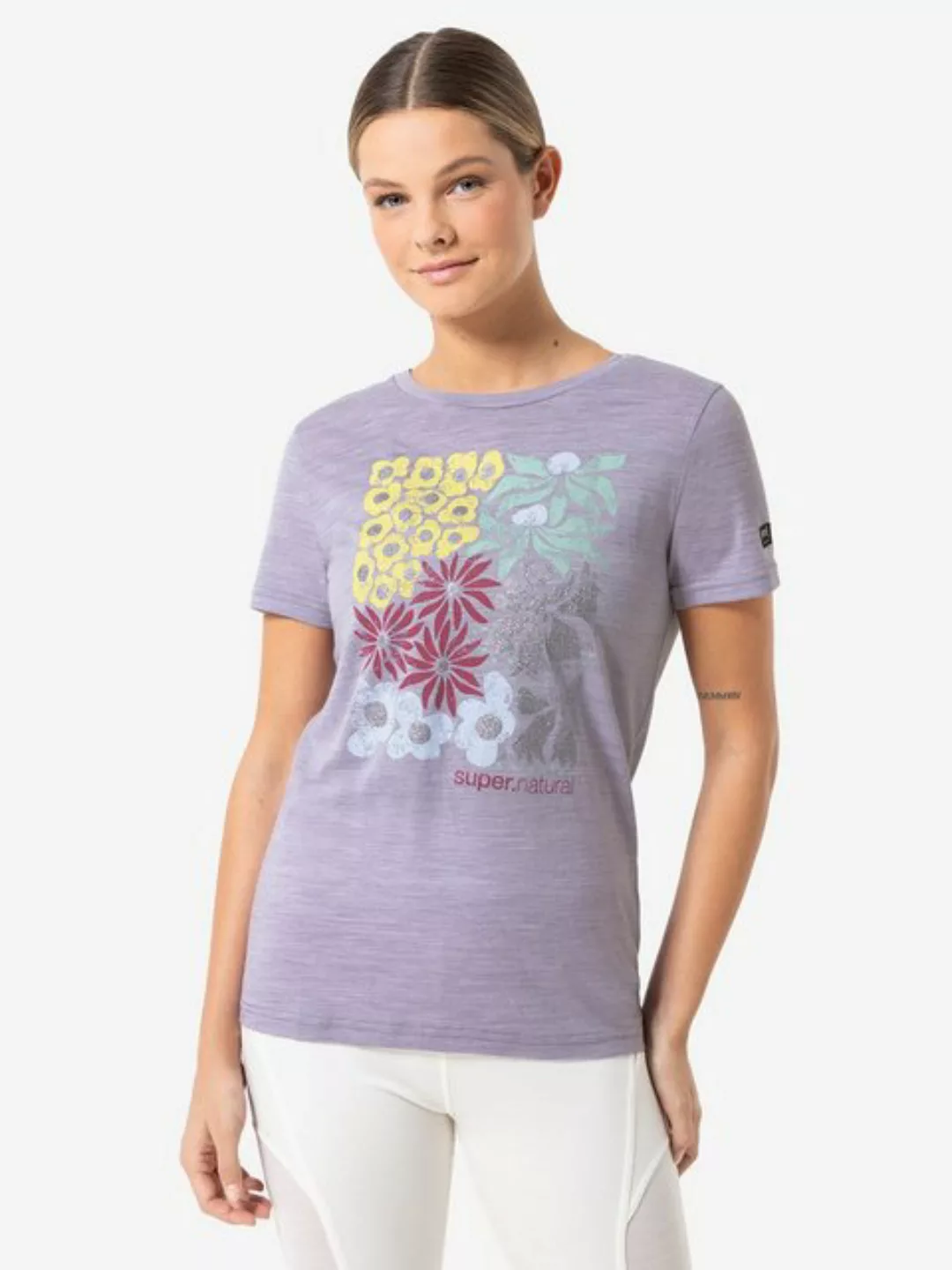 SUPER.NATURAL T-Shirt für Damen, Merino MAT IS Blumen Motiv, Reise, bunt günstig online kaufen