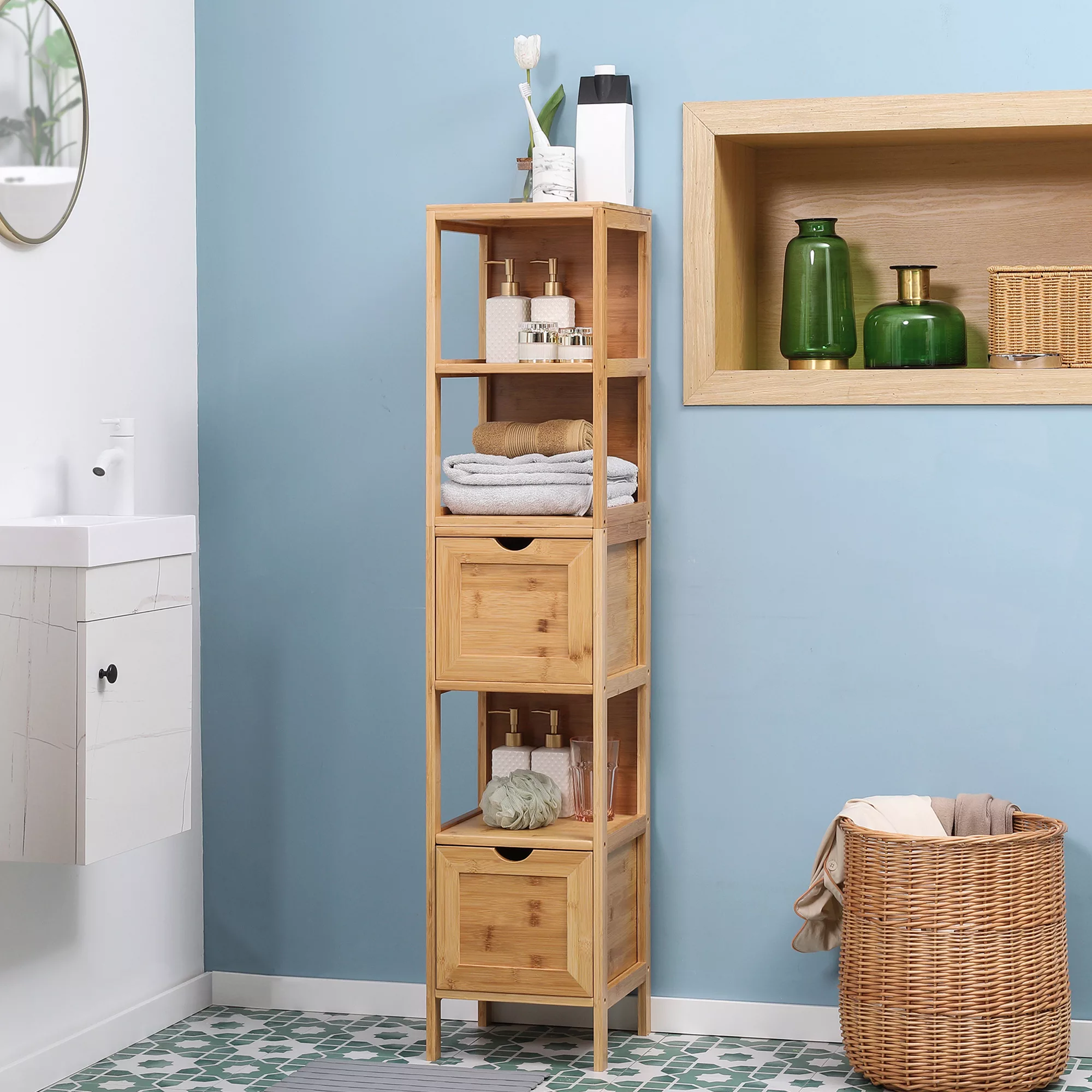 kleankin Badezimmerschrank  Hochschrank aus Bambus mit 3 Regalen & 2 Schubl günstig online kaufen
