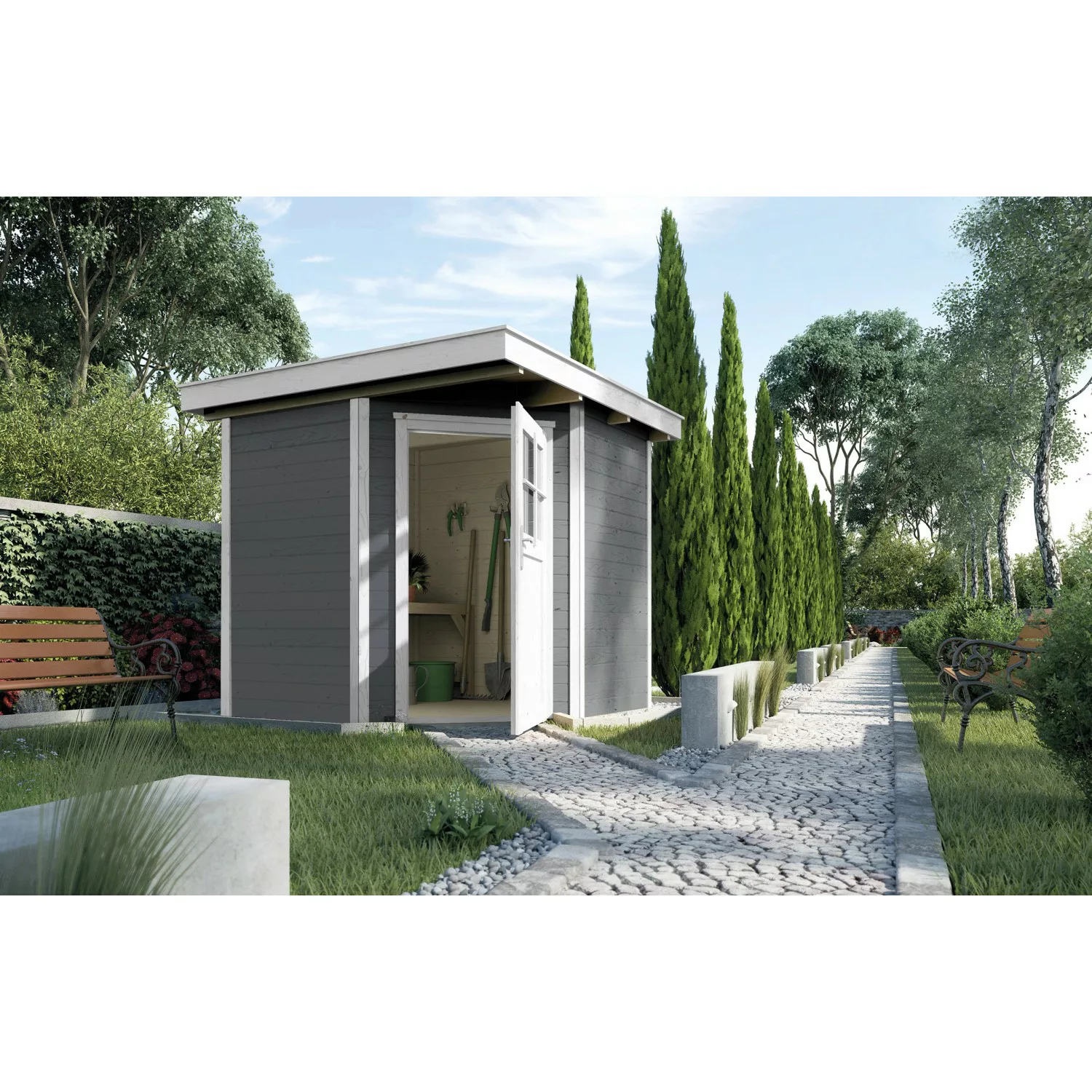 Weka Holz-Gartenhaus Angolo B Grau-Weiß BxT: 239 cm x 235 cm günstig online kaufen
