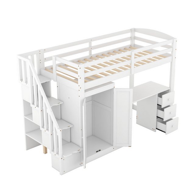 Welikera Bett 90 x 200cm Hochbett mit Kleiderschrank,Treppe,Schreibtisch,Sc günstig online kaufen
