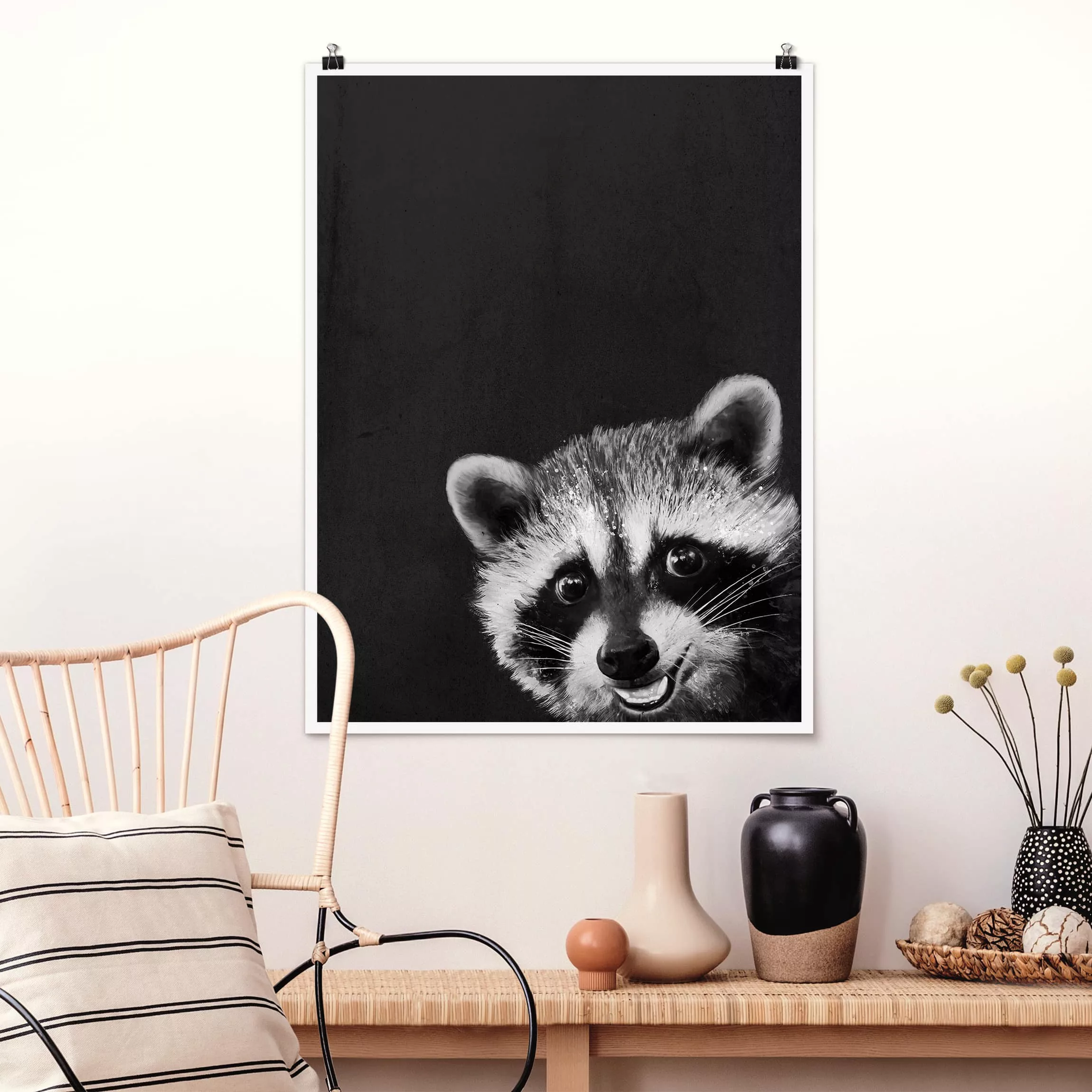 Poster Tiere - Hochformat Illustration Waschbär Schwarz Weiß Malerei günstig online kaufen