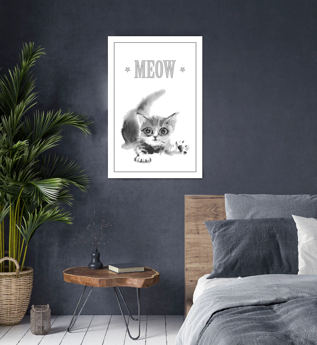 queence Leinwandbild "Katze MEOW", Kunst-Modern-Schriftzug-Tiere-Katze-Katz günstig online kaufen