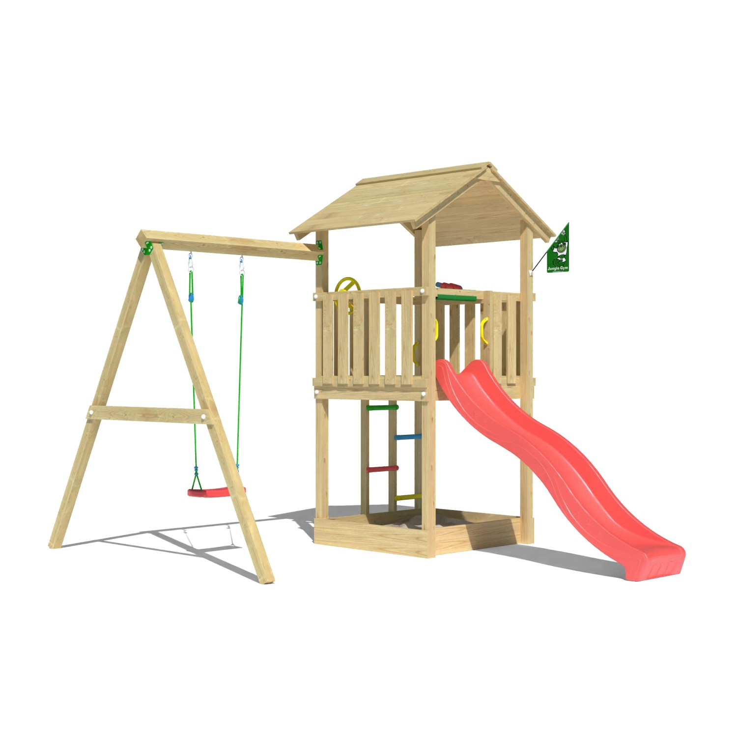 Jungle Gym Spielturm Beacon Holz mit Einzelschaukel Rutsche Rot günstig online kaufen