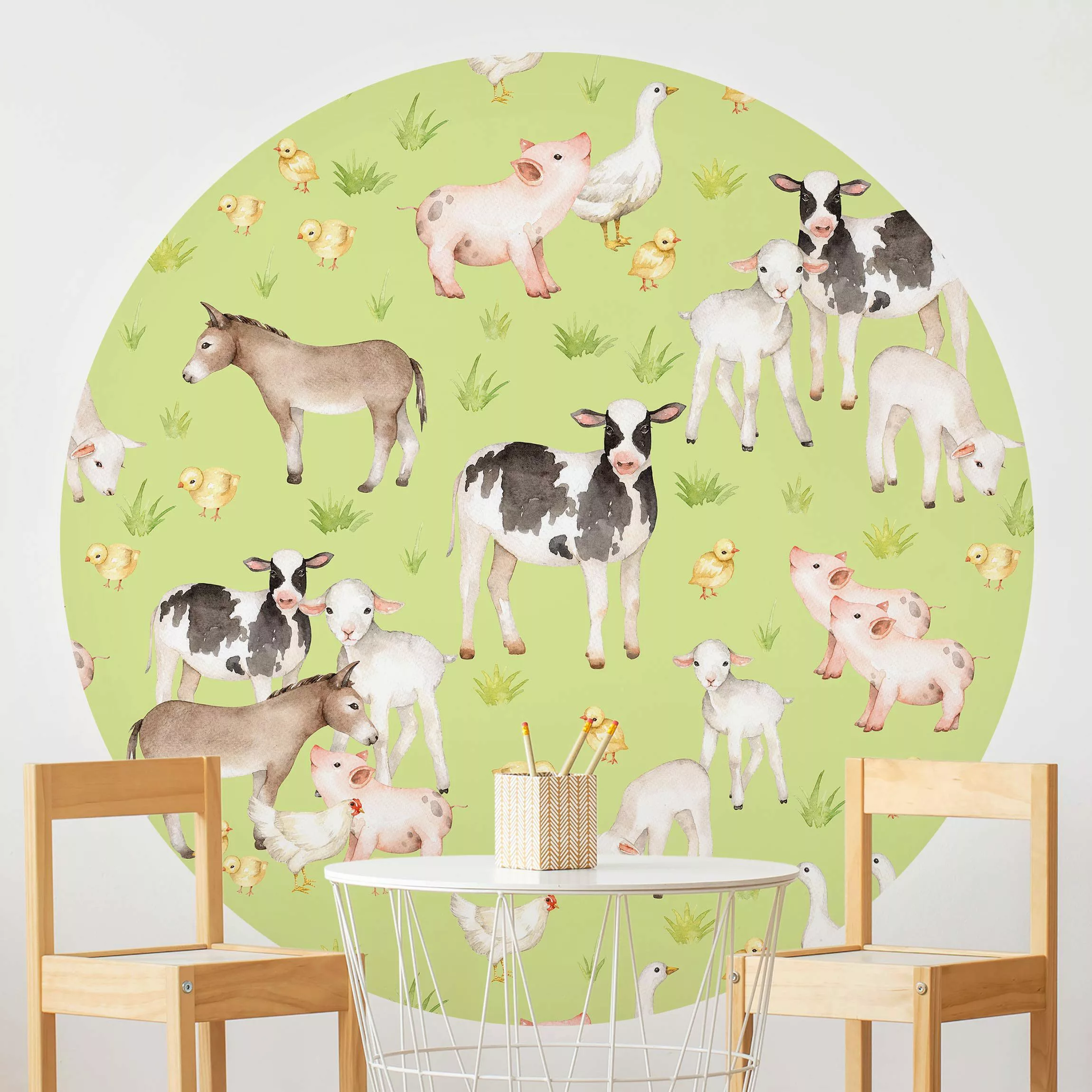 Bilderwelten Runde Tapete selbstklebend Kinderzimmer Grüne Wiese mit Kühen günstig online kaufen