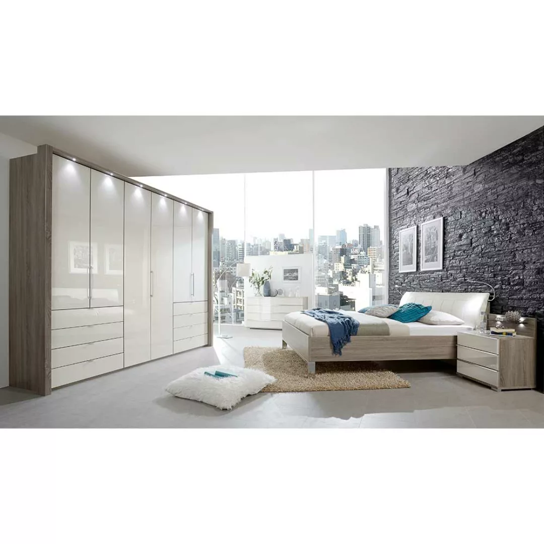 Luxus Schlafzimmer Set in Creme und Eiche Trüffelfarben glasbeschichtet (vi günstig online kaufen