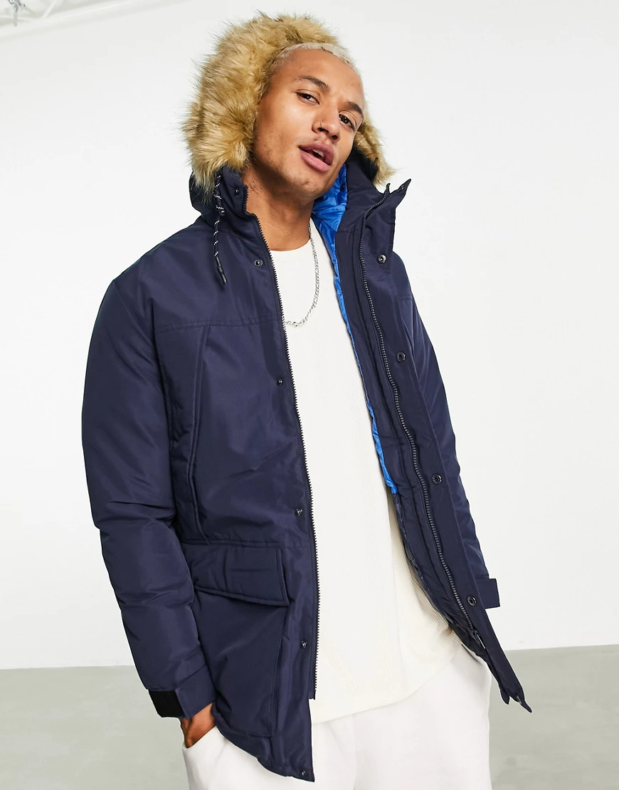 Jack & Jones – Originals – Parka in Marineblau mit Kunstpelzbesatz an der K günstig online kaufen