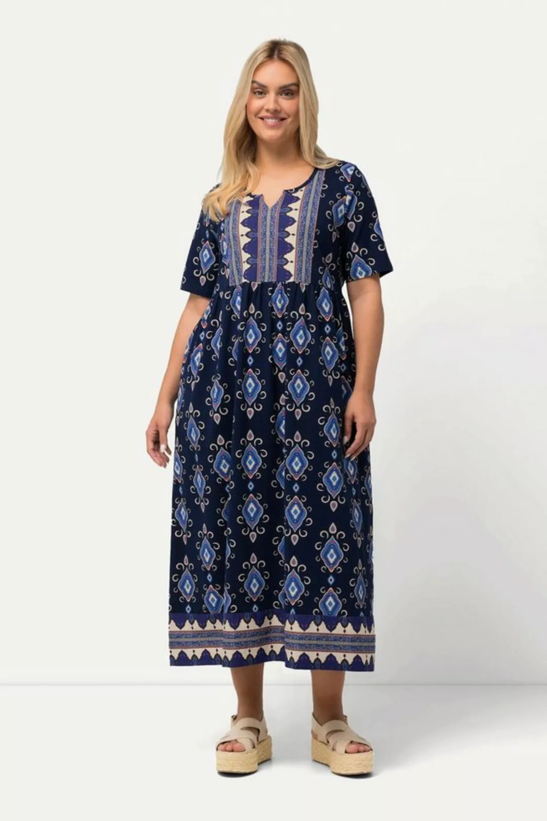 Ulla Popken Sommerkleid Midikleid A-Linie Tunika-Ausschnitt Halbarm günstig online kaufen