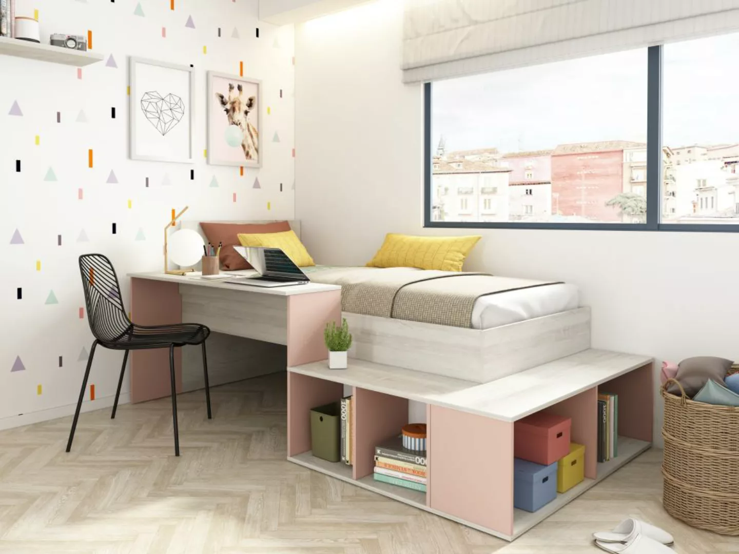 Kombi-Bett mit Stauraum und Schreibtisch - 90 x 200 cm - Naturfarben und Ro günstig online kaufen