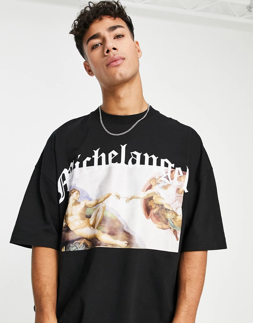 Topman – Oversize-T-Shirt in Schwarz mit Michelangelo-Boxprint auf Brusthöh günstig online kaufen