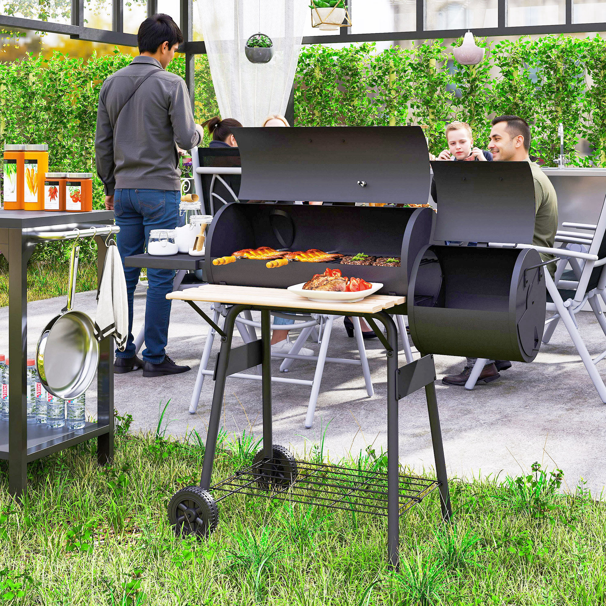 Outsunny® Smoker Grill BBQ Holzkohlengrill Grillwagen mit 2 x Brennkammer S günstig online kaufen