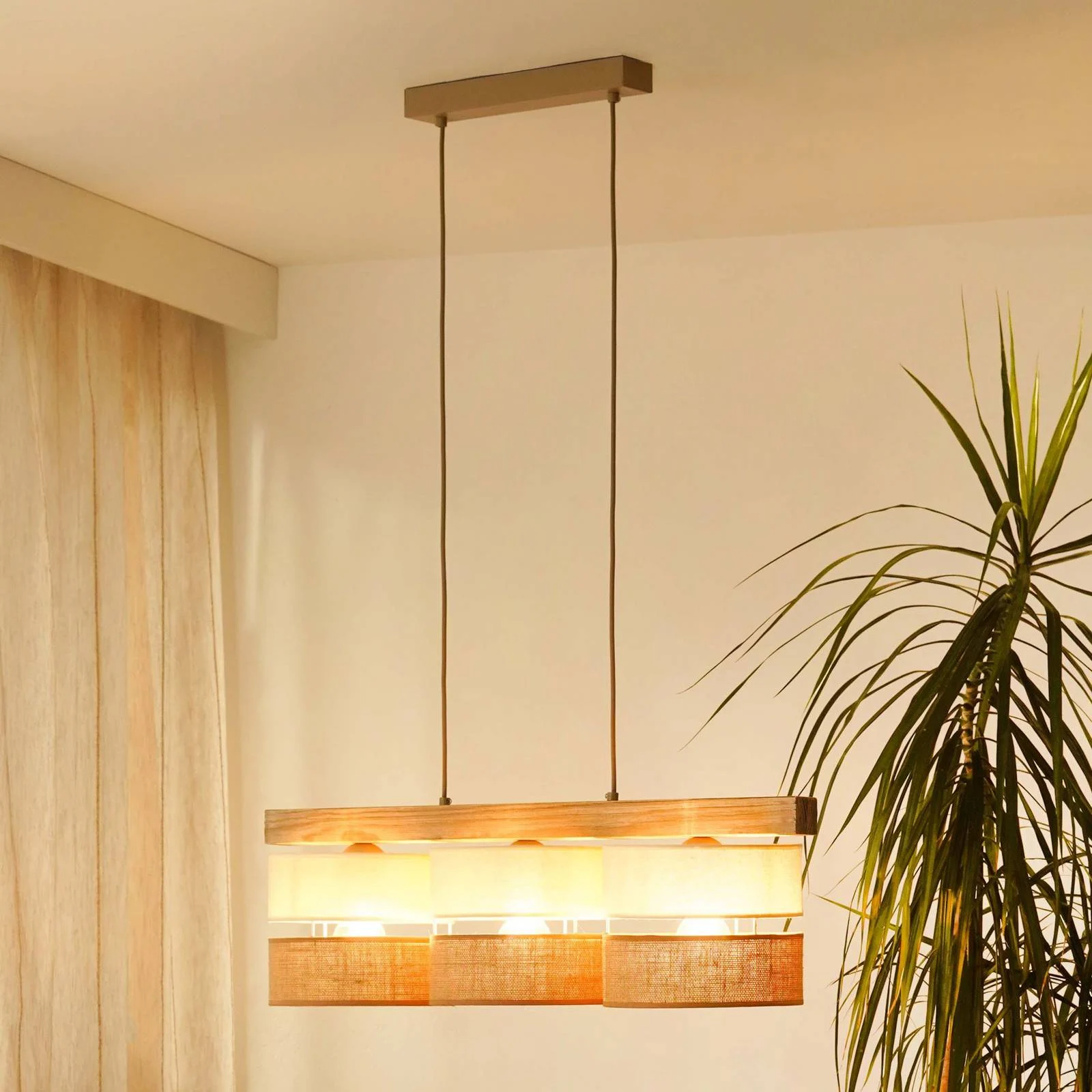 Hängeleuchte Treeon, 3-flammig, Holz, Jute, naturfarben/ecru günstig online kaufen