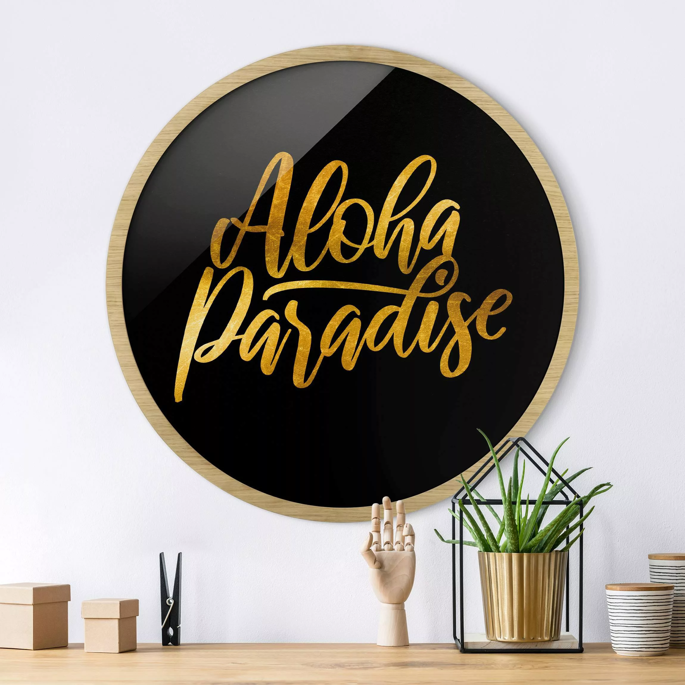 Rundes Gerahmtes Bild Gold - Aloha Paradise auf Schwarz günstig online kaufen