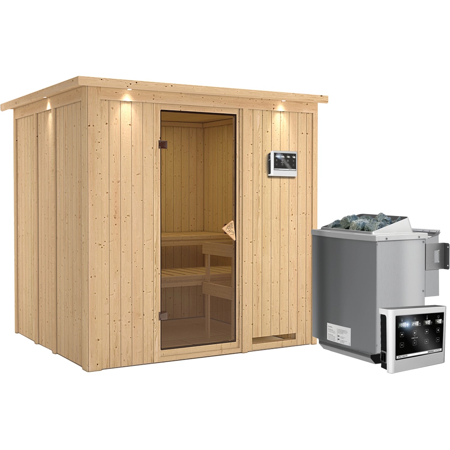 Karibu Sauna-Set Stina inkl. Bio-Ofen 9 kW mit ext. Steuerung, Dachkranz günstig online kaufen