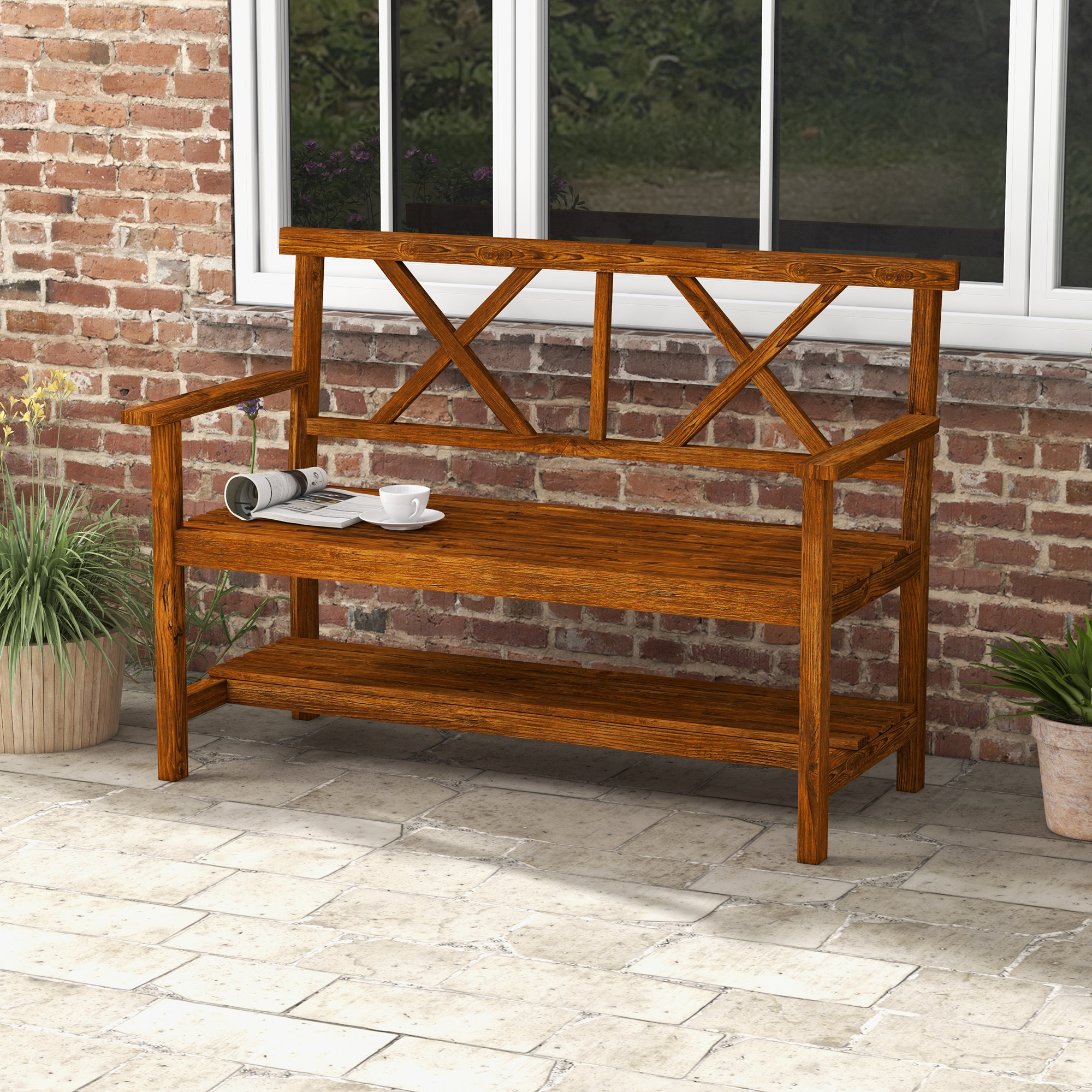 Outsunny Gartenbank 2-Sitzer aus Holz mit Regal, Gartenbank mit Armlehnen u günstig online kaufen