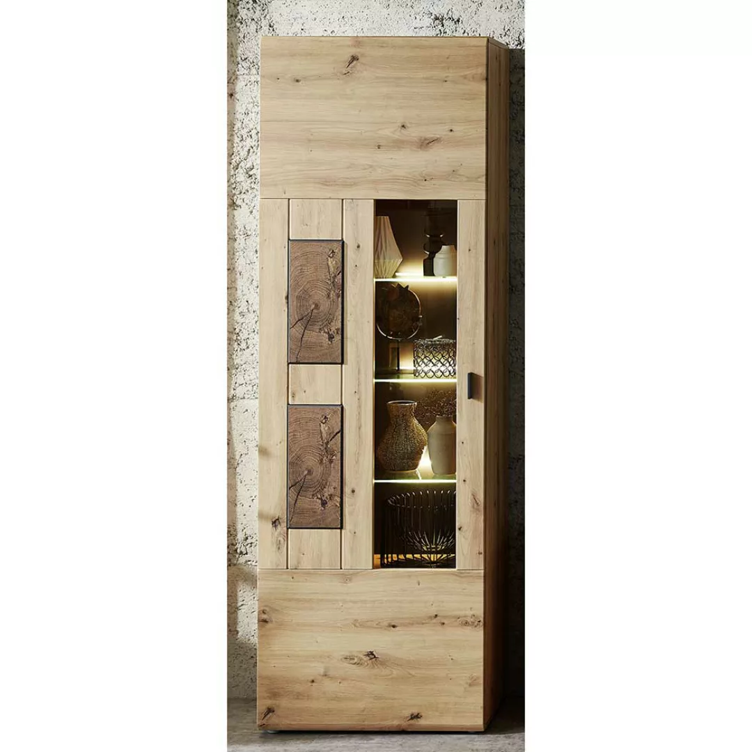 Schrank Vitrine in Wildeiche Hirnholz Optik 65 cm breit günstig online kaufen