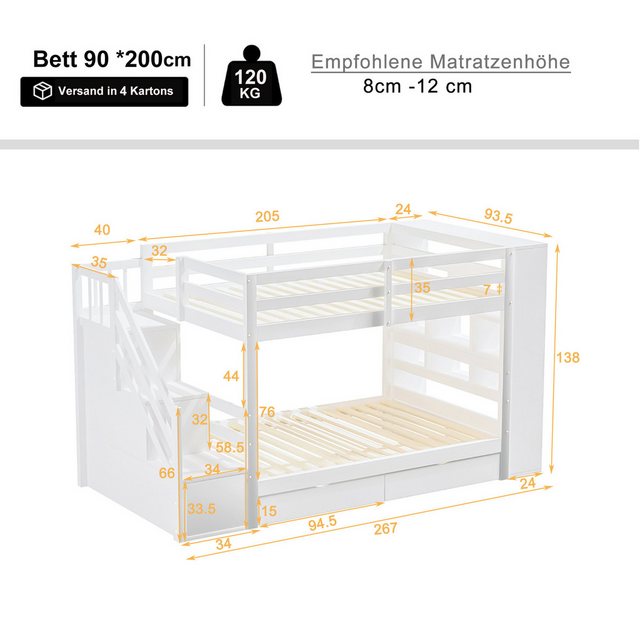 Flieks Etagenbett, Kinderbett 90x200cm mit 2 Schubladen, Seitschrank, Staur günstig online kaufen