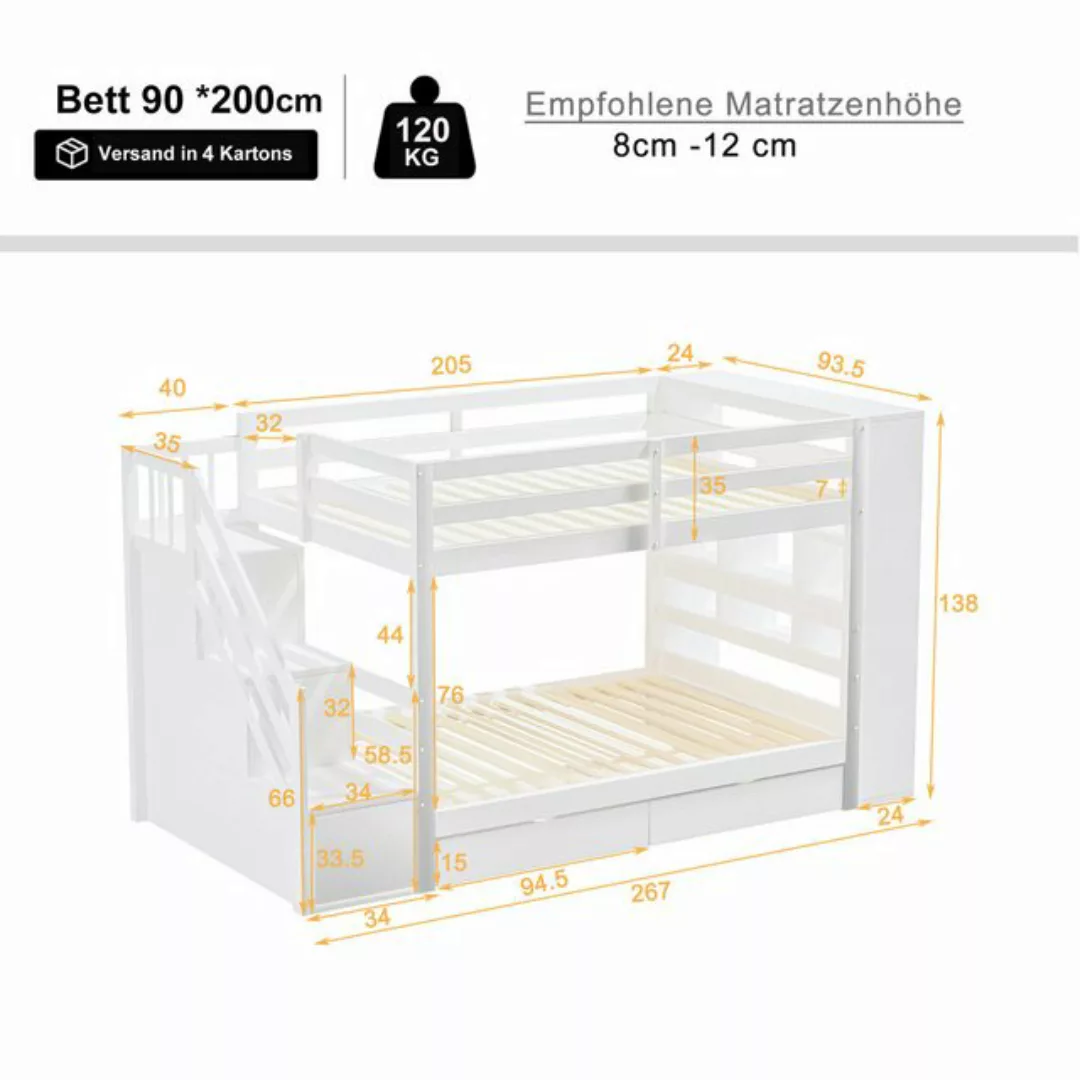 Flieks Etagenbett, Kinderbett 90x200cm mit 2 Schubladen, Seitschrank, Staur günstig online kaufen