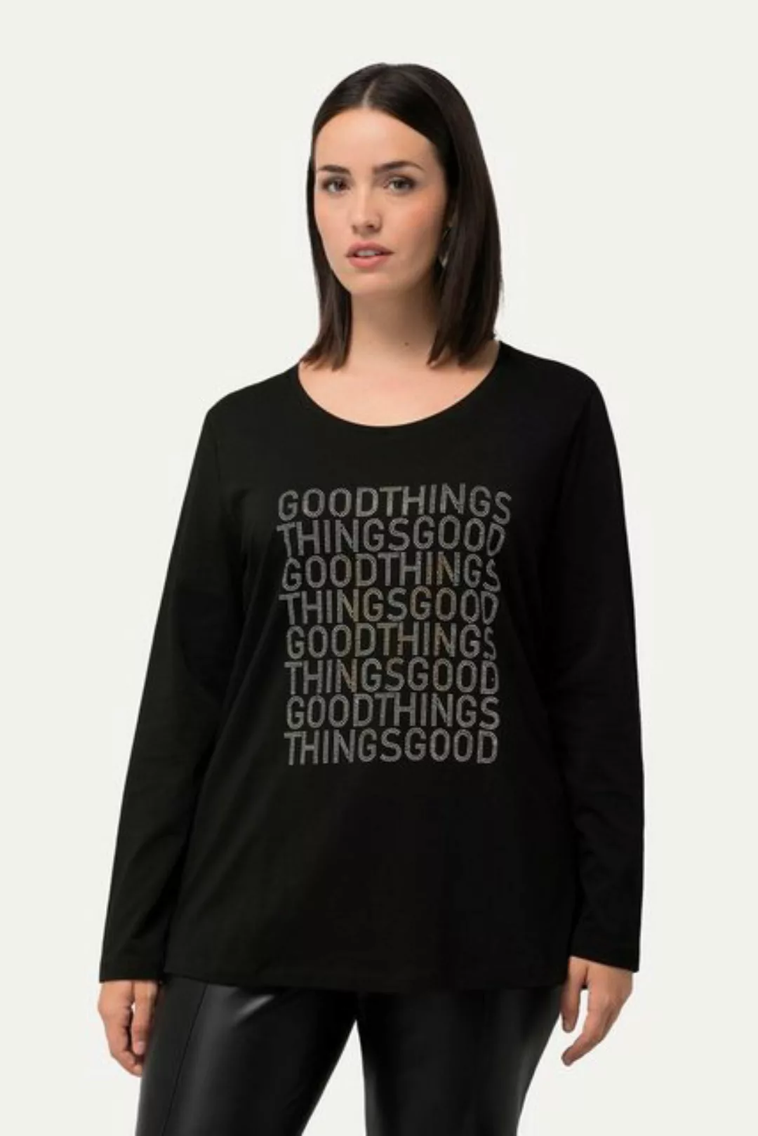 Ulla Popken Longsleeve Shirt Schriftmotiv Ziersteine Rundhals Langarm günstig online kaufen