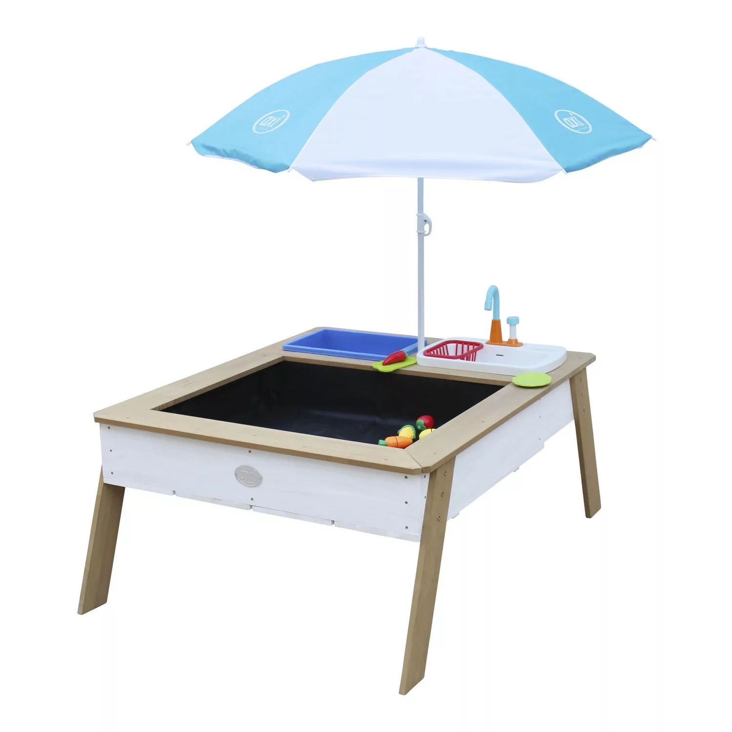 Axi Sand und Wassertisch Linda Braun Weiß mit Sonnenschirm Blau Weiß günstig online kaufen