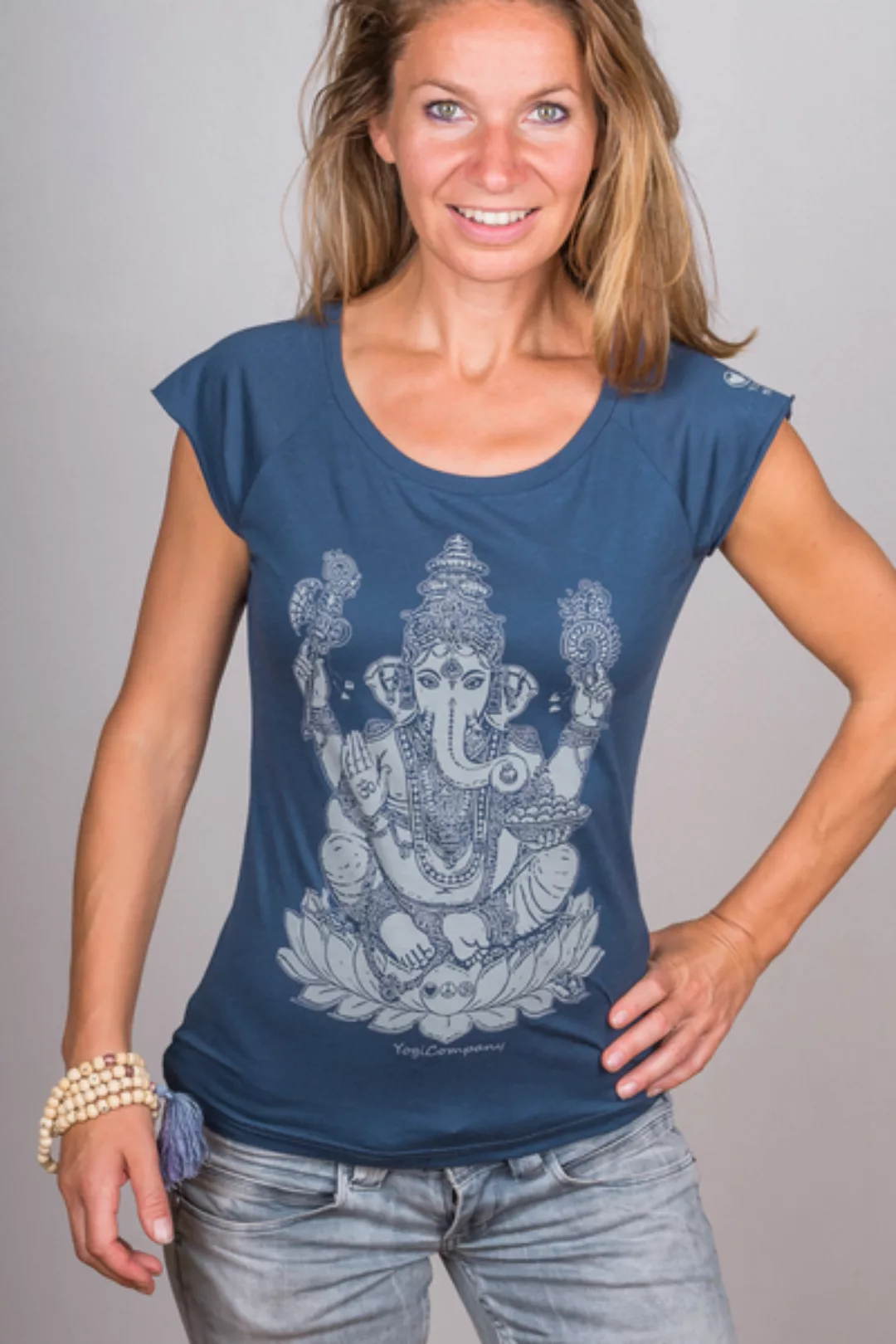 Damen Yoga T-shirt Aus Bambusviskose & Bio-baumwolle "Ganesha" Blau/weiß günstig online kaufen