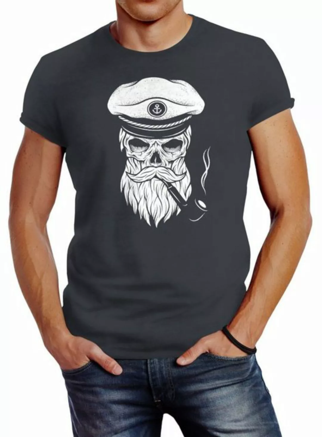 Neverless Print-Shirt Herren T-Shirt Totenkopf Kapitän Captain Skull Hipste günstig online kaufen