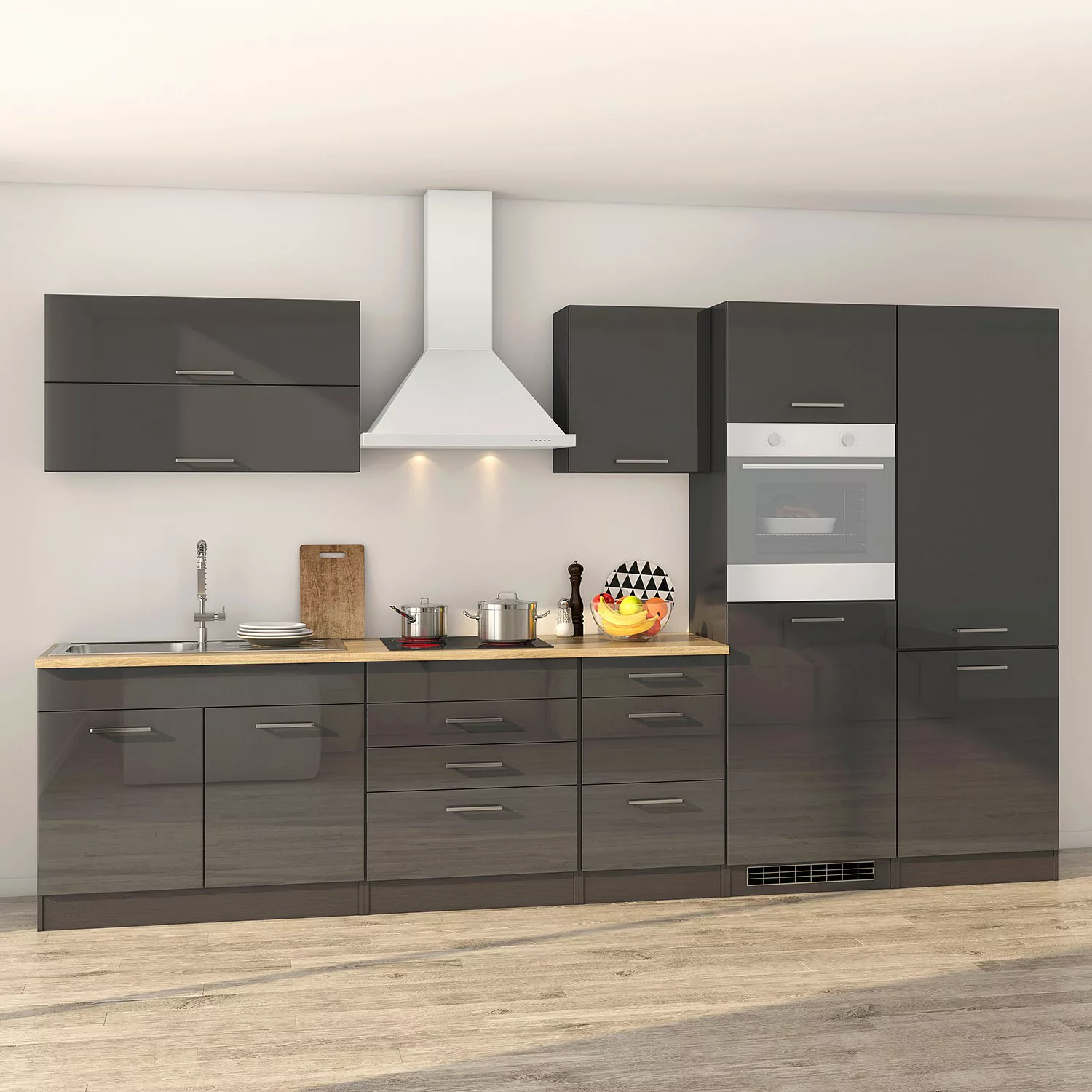 Held Möbel Küchenzeile Mailand 350 cm Grau Hochglanz-Grau Matt mit E-Geräte günstig online kaufen