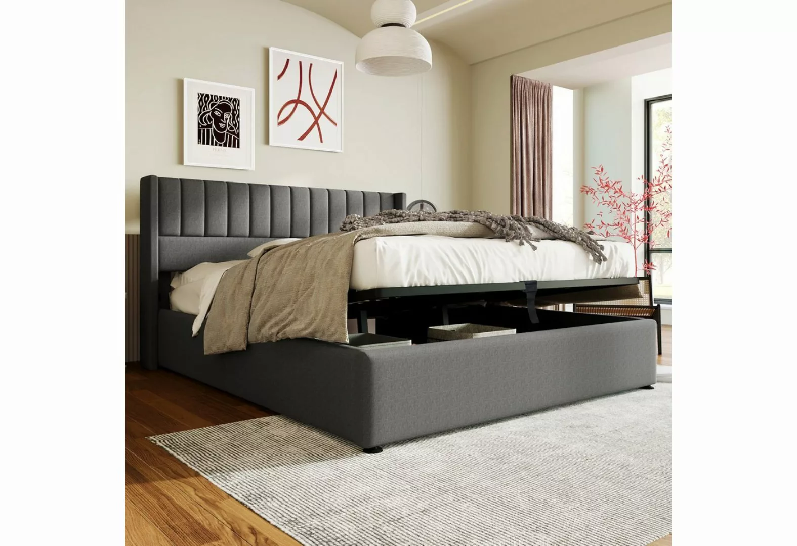 REDOM Polsterbett Stauraumbett Doppelbett (140x200cm Grau Leinen ohne Matra günstig online kaufen