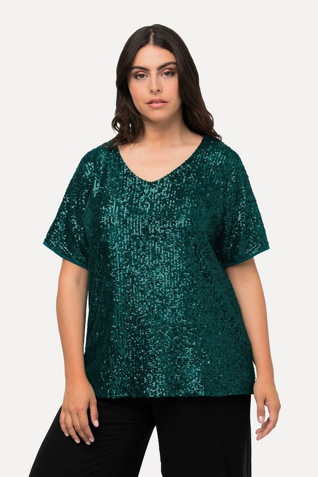 Ulla Popken Rundhalsshirt Pailletten-Shirt Oversized V-Ausschnitt Halbarm günstig online kaufen