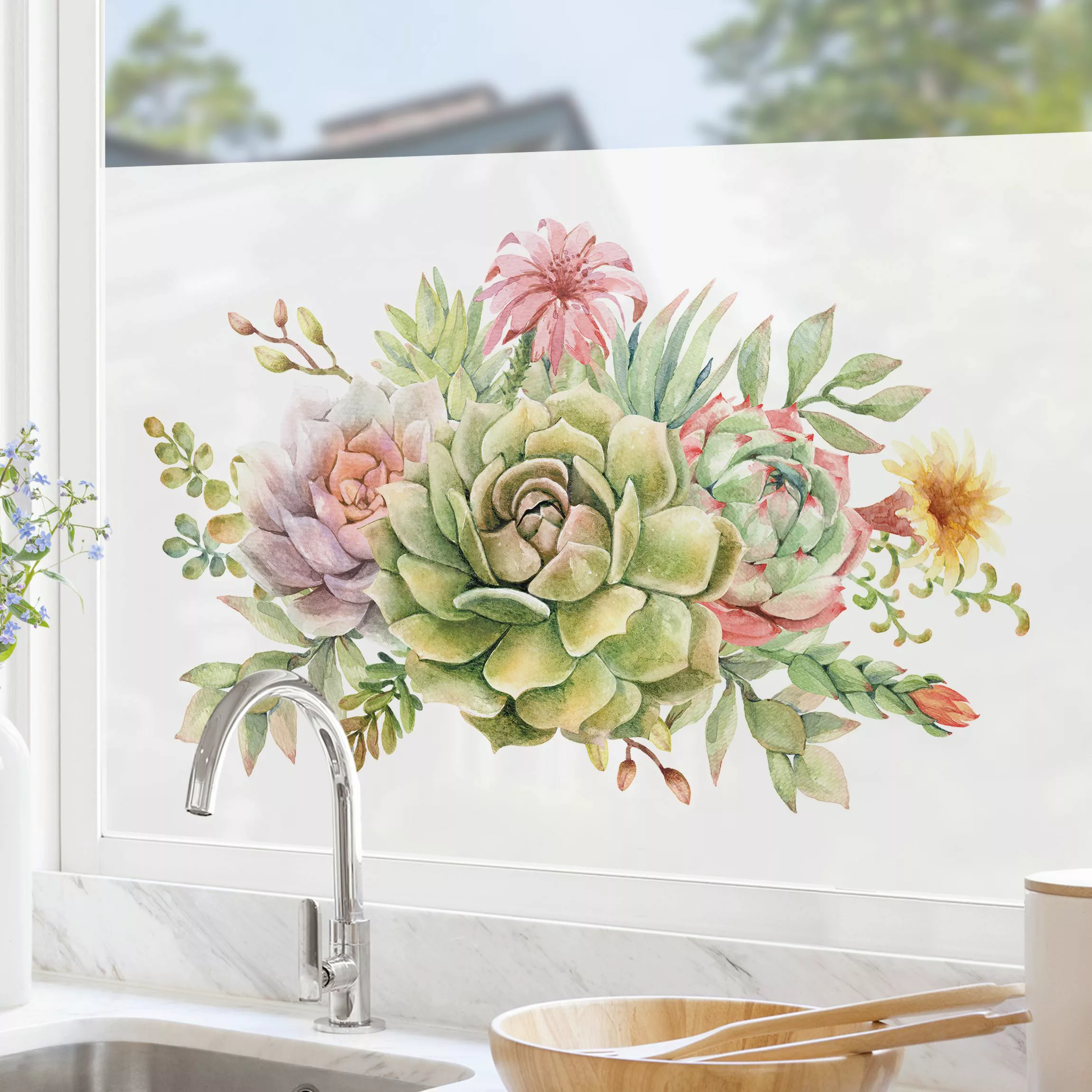 Fensterfolie Aquarell Sukkulenten Bouquet günstig online kaufen