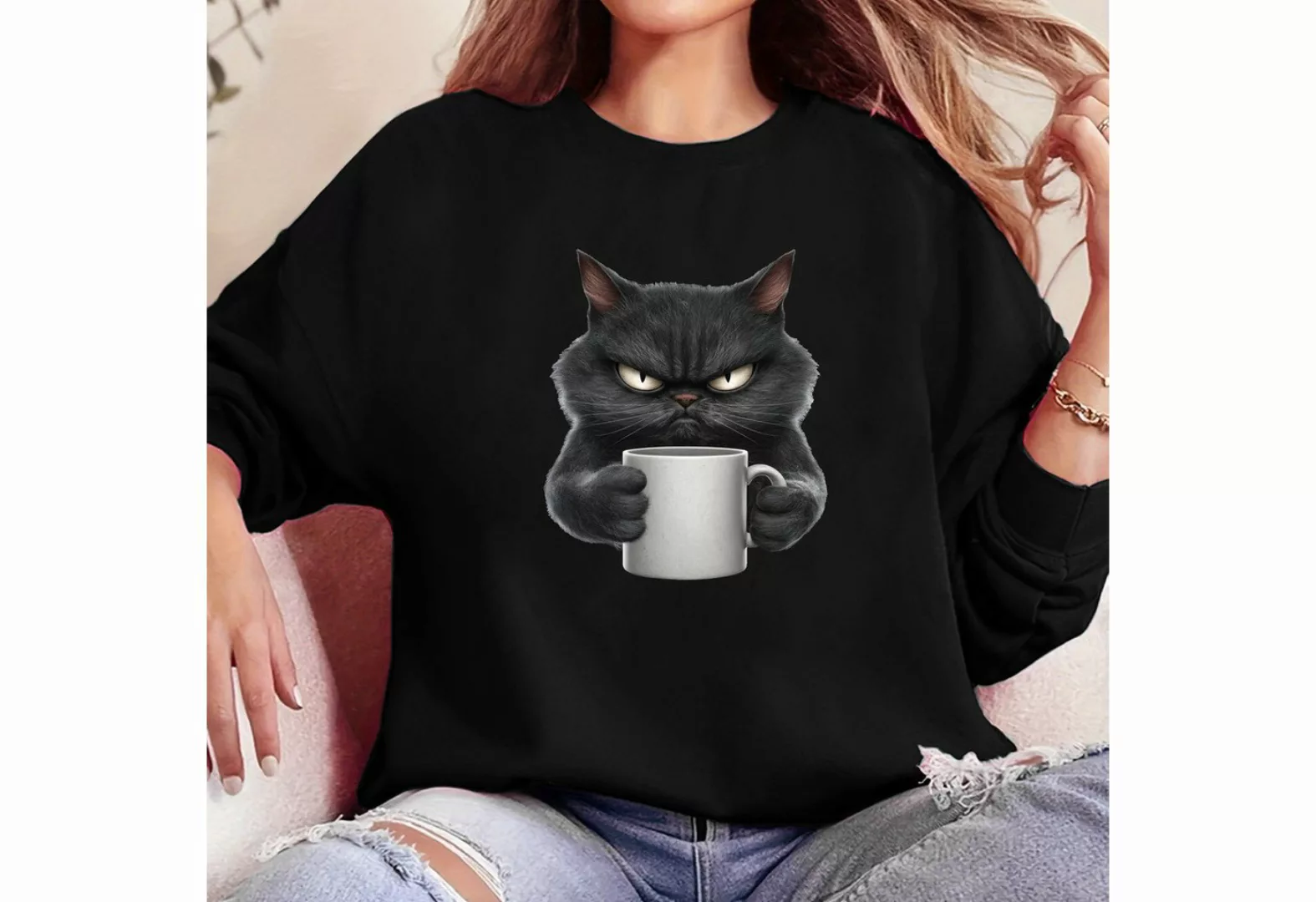 PYL Fleecepullover Damen Casual Fleece Sweatshirt mit Katze Druck günstig online kaufen