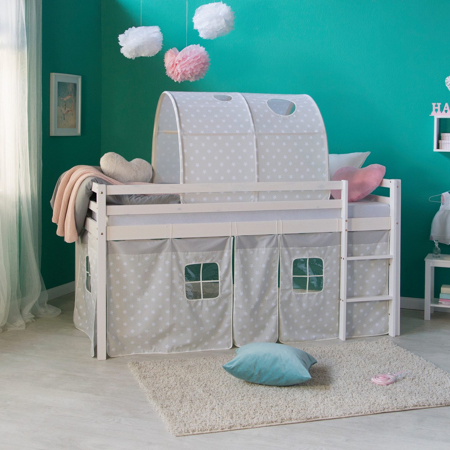 Homestyle4u Hochbett 90x200 Weiß mit Vorhang günstig online kaufen