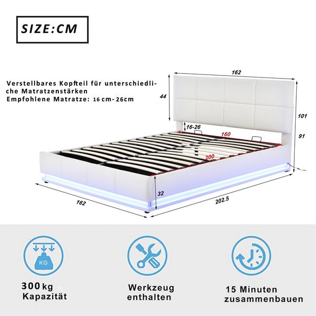 Flieks Polsterbett, LED hydraulisches Doppelbett Kunstleder 160x200cm günstig online kaufen