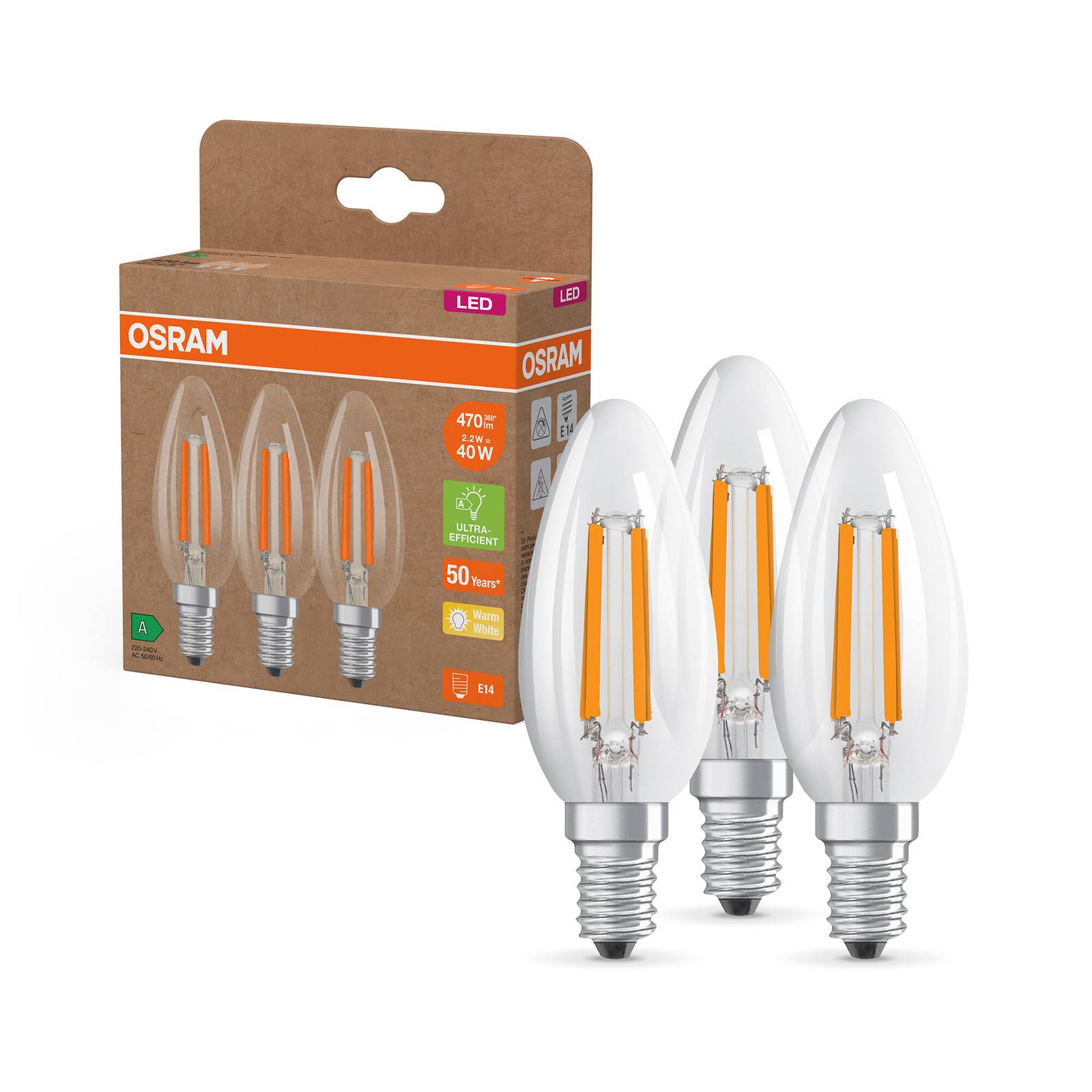 OSRAM LED Kerze Filament E14 2,2W 827 EEK A 3er-Pack günstig online kaufen