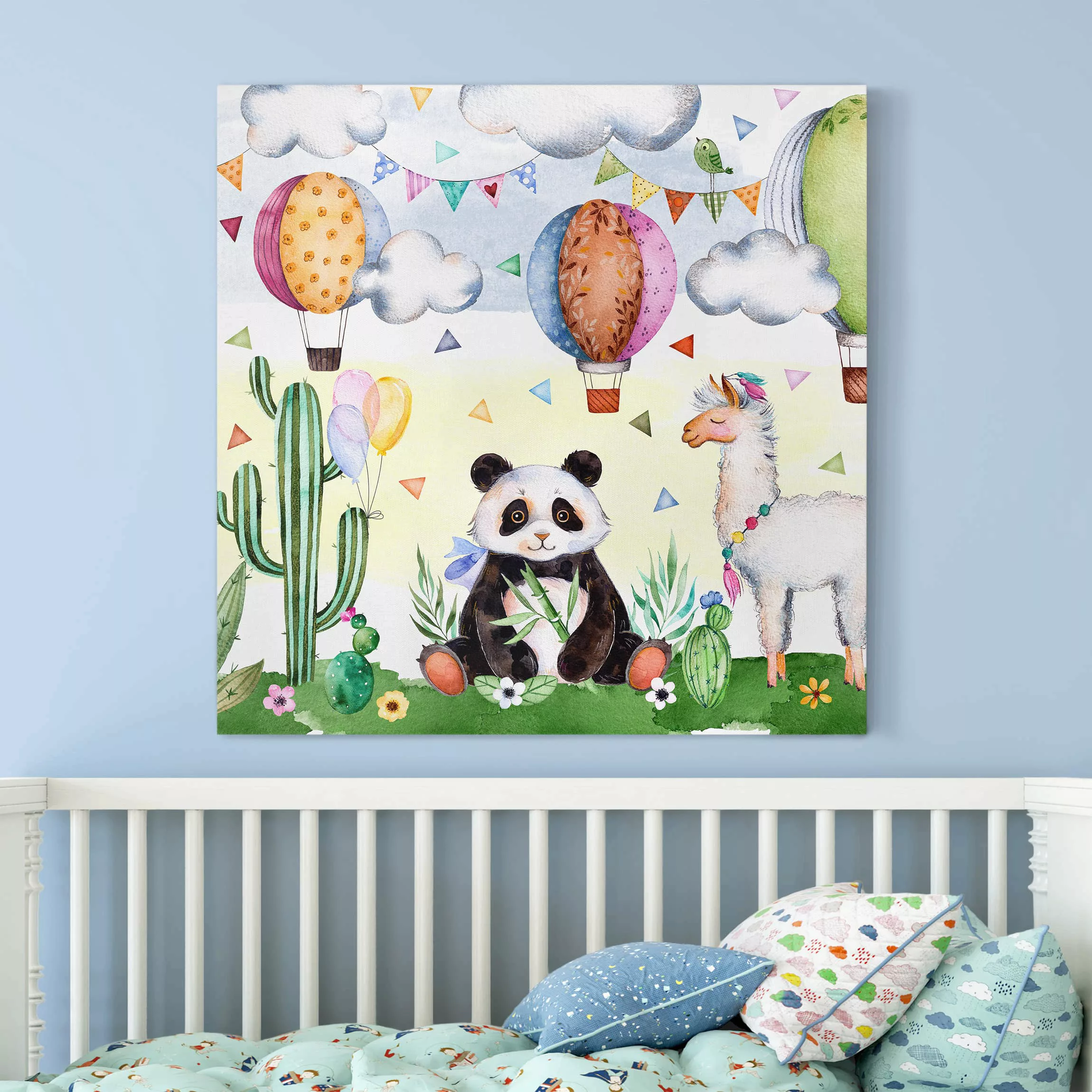 Leinwandbild Kinderzimmer - Quadrat Panda und Lama Aquarell günstig online kaufen
