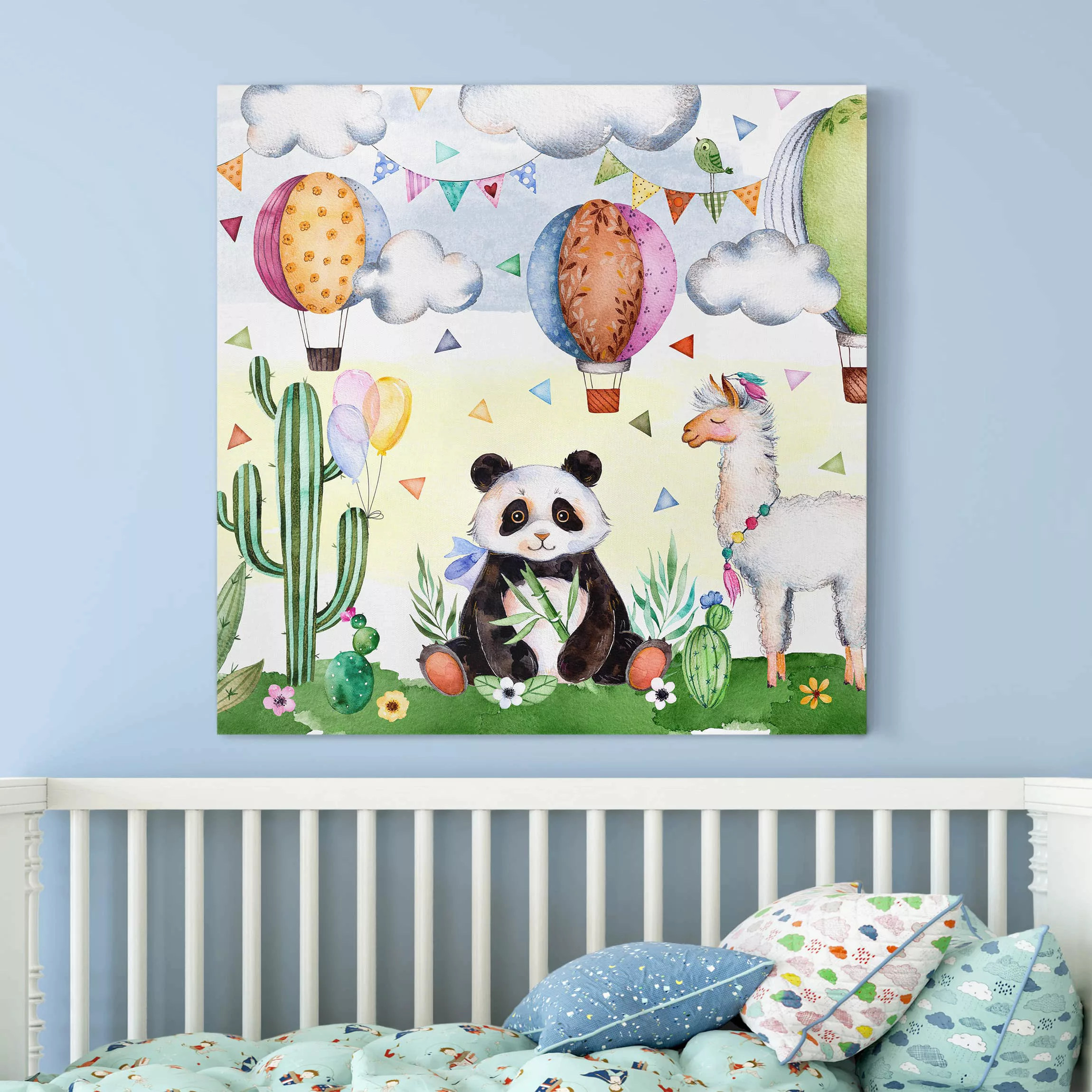 Leinwandbild - Quadrat Panda und Lama Aquarell günstig online kaufen