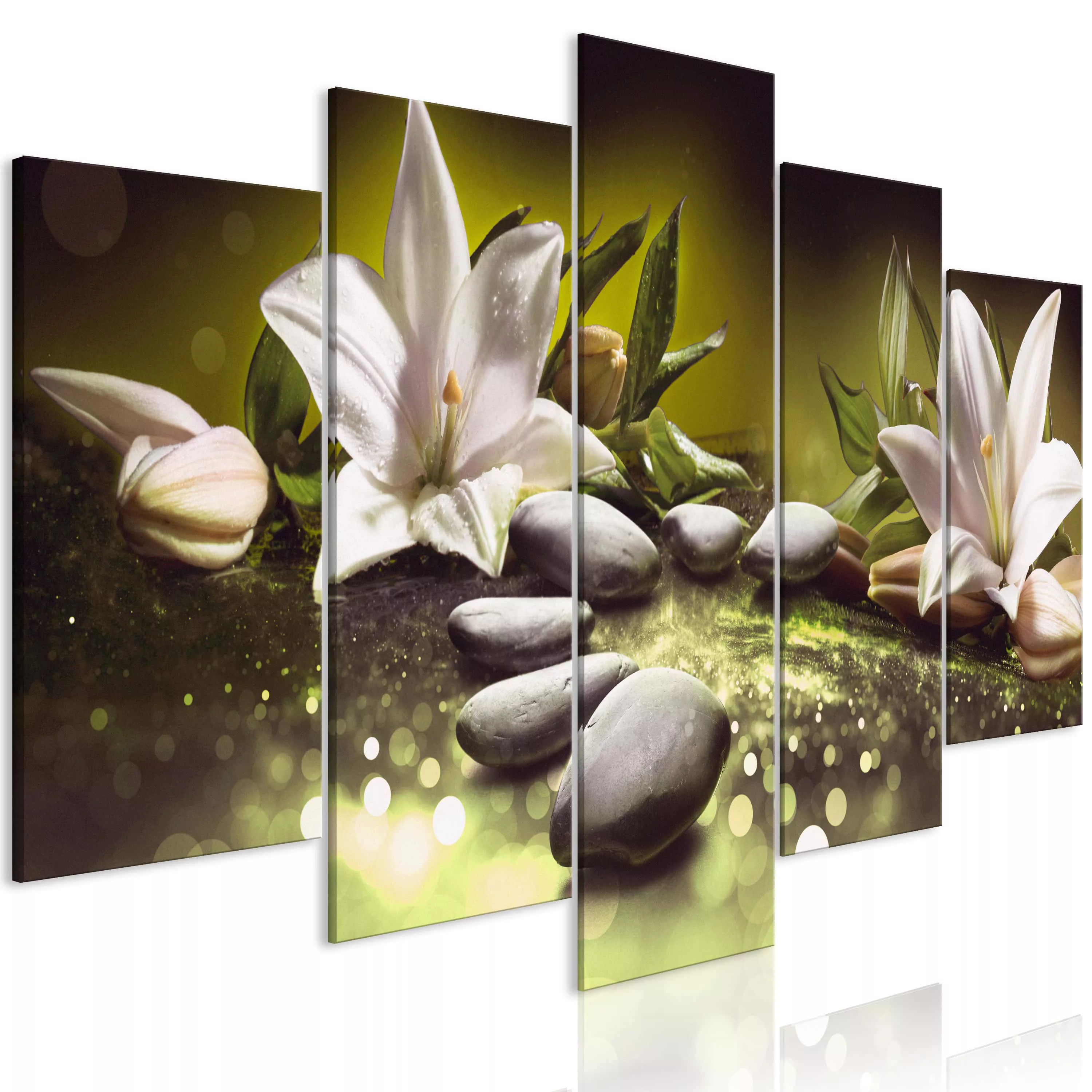Wandbild - Lilies and Stones (5 Parts) Wide Green günstig online kaufen