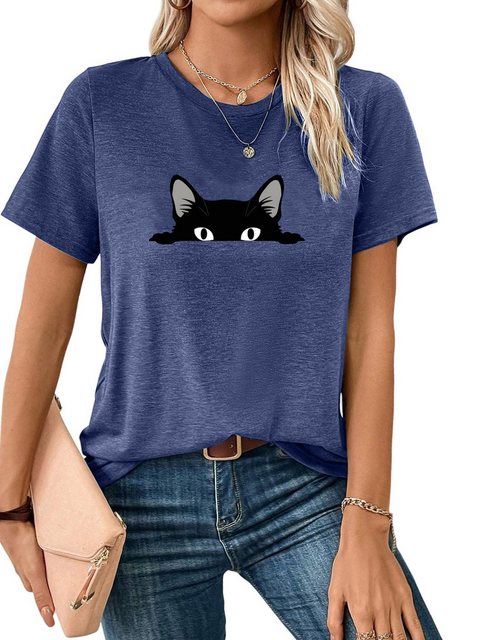 PYL Kurzarmshirt Damen Farbe Sommer Kurzarmbluse Locker Katze Print-Shirt günstig online kaufen