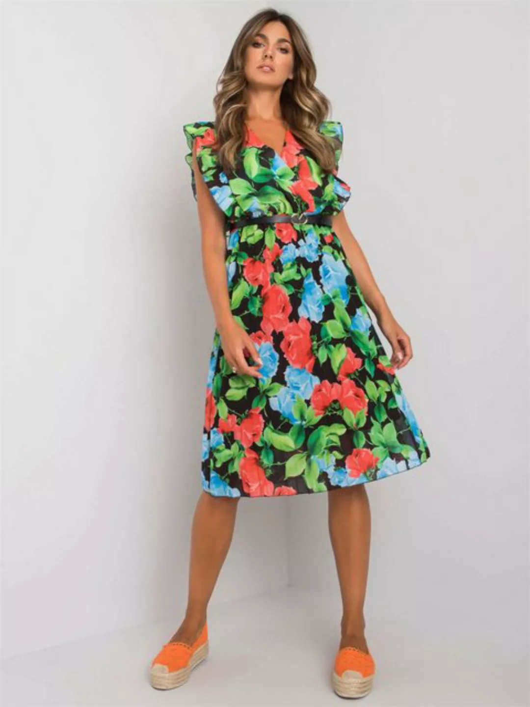 RUZU UG Dirndl Modisches kurzärmeliges Kleid mit Blumenprint und V-Ausschni günstig online kaufen