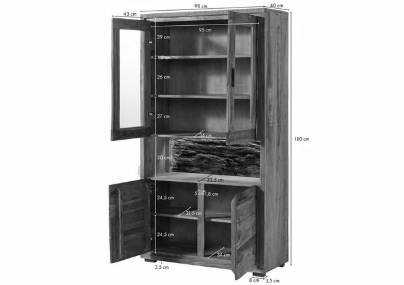 Massivmoebel24 Standvitrine Vitrine Akazie 98x40x180 natur lackiert BARK #1 günstig online kaufen