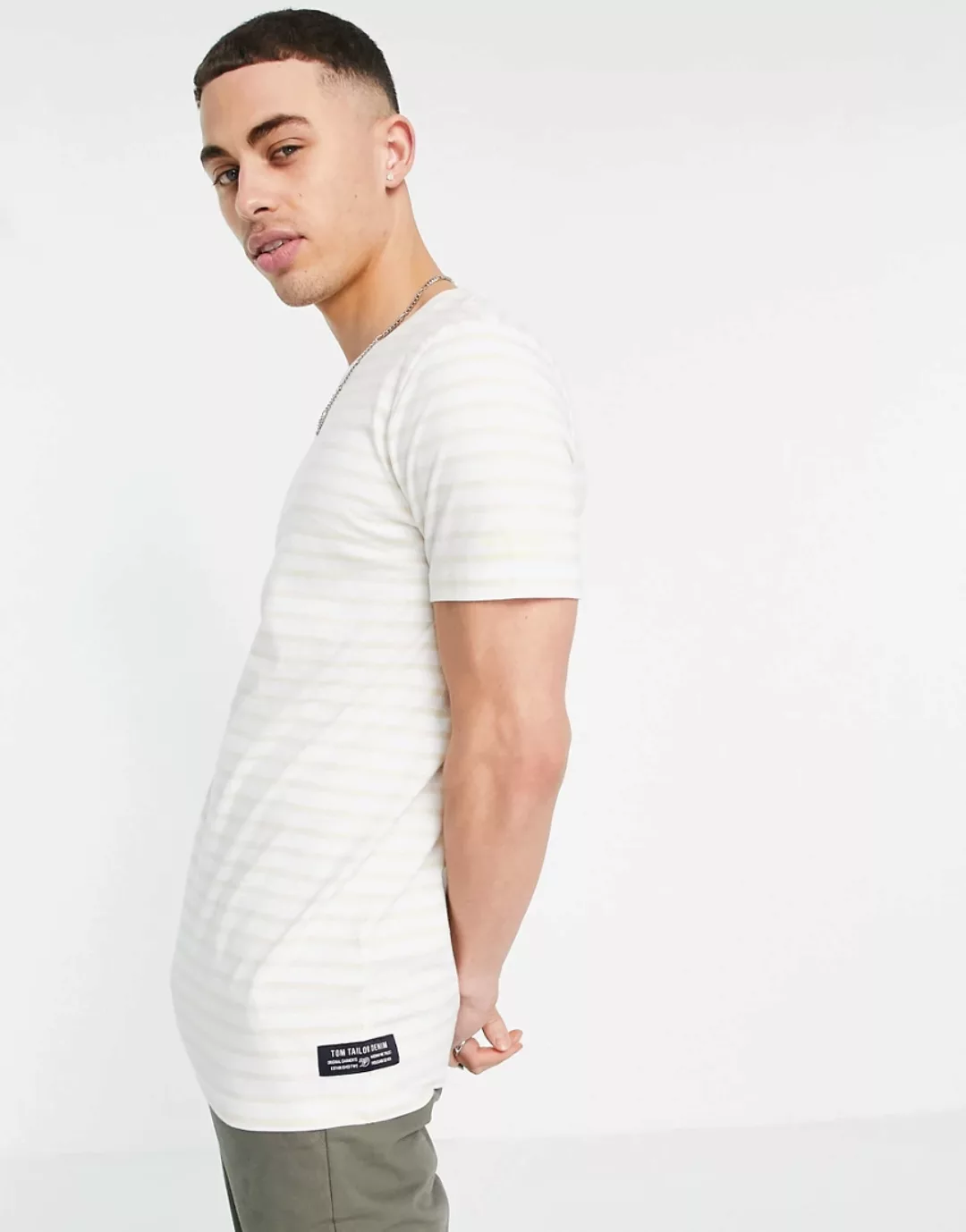 Tom Tailor – Gestreiftes T-Shirt in Beige-Neutral günstig online kaufen