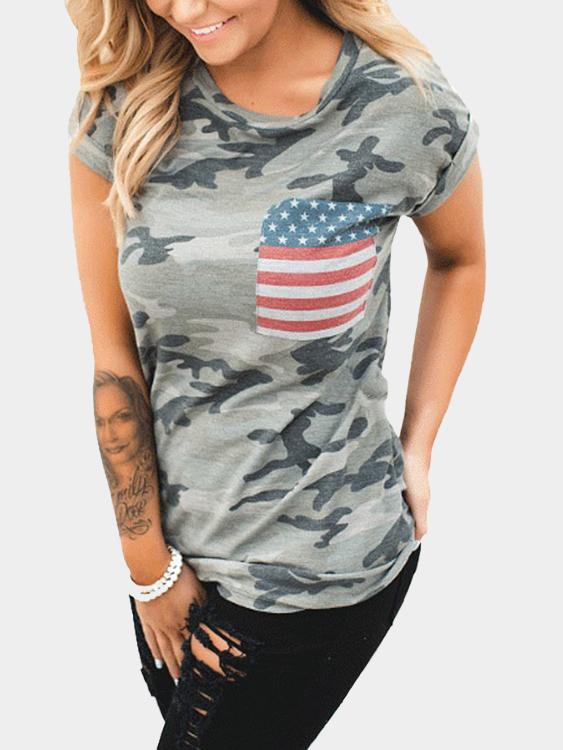 Camo Flag Printed Rundhals-Kurzarm-T-Shirts günstig online kaufen