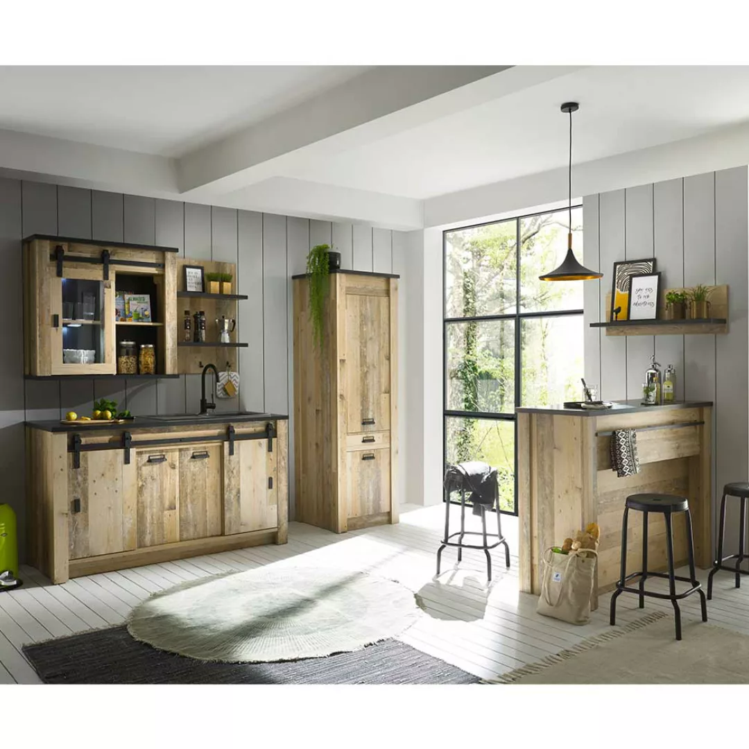 Landhaus Stil Küchenmöbel in Holzoptik verwittert Anthrazit (sechsteilig) günstig online kaufen