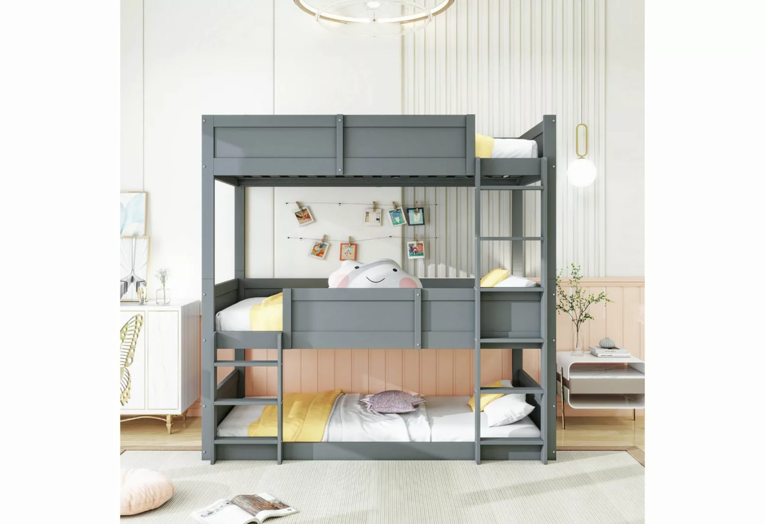 WISHDOR Kinderbett Dreibettzimmerbett aus Holz mit hohem Zaundesign, Hochbe günstig online kaufen