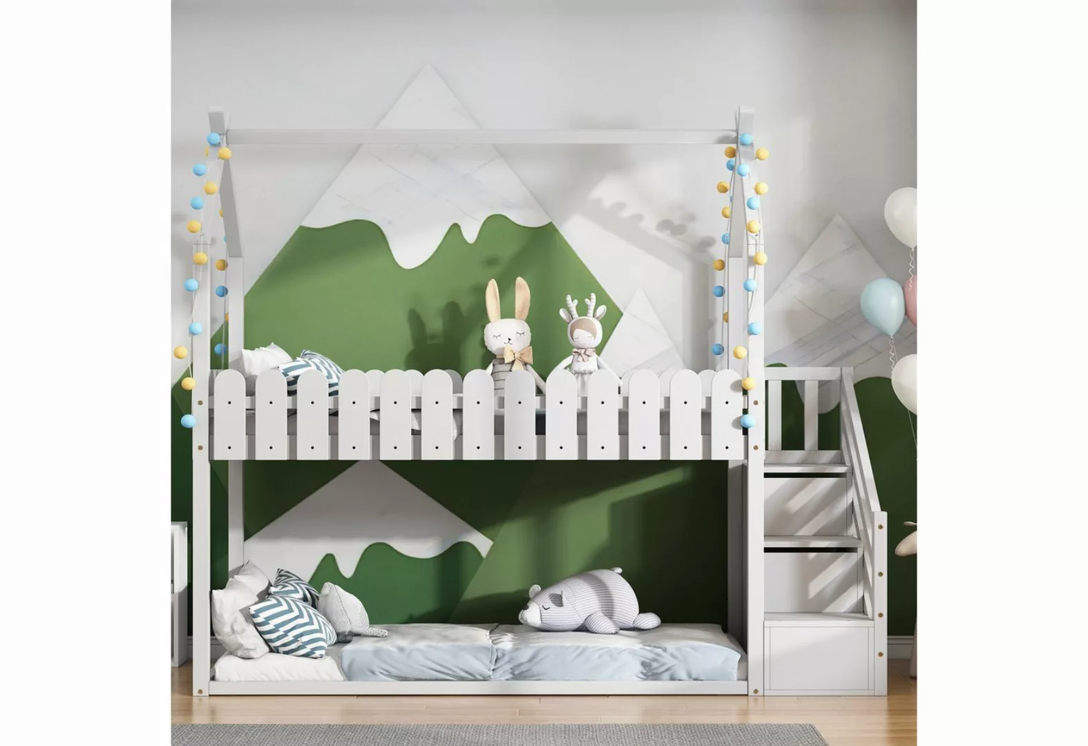 KLAM HOME Kinderbett Massivholz Etagenbett mit 3 Treppen 2 Schubladen und Z günstig online kaufen