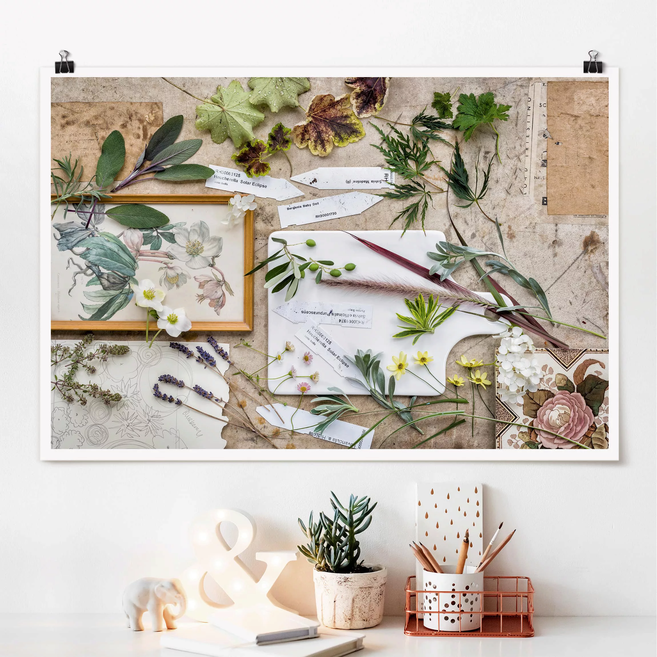 Poster Küche - Querformat Blumen und Gartenkräuter Vintage günstig online kaufen