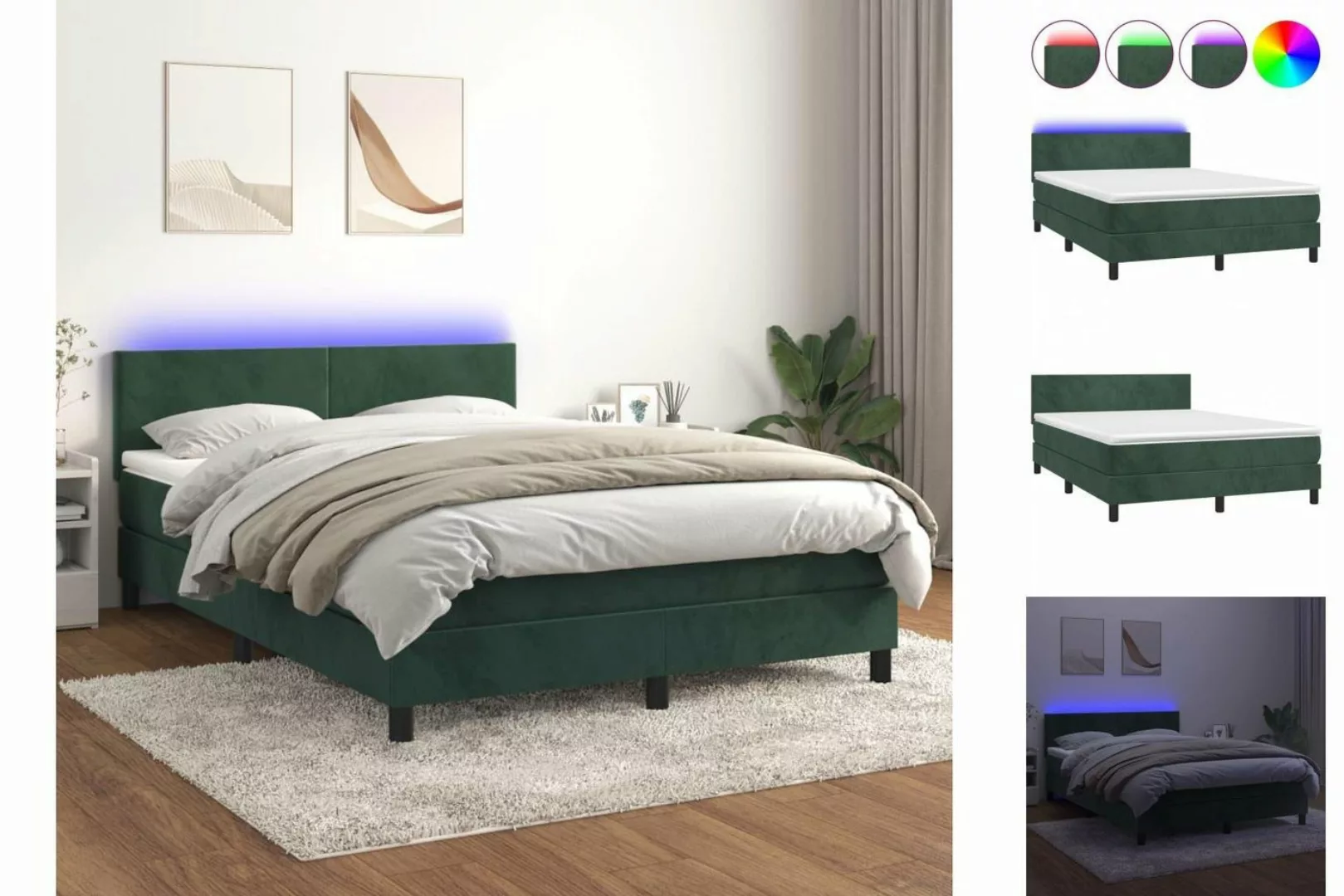 vidaXL Bettgestell Boxspringbett mit Matratze LED Dunkelgrün 140x190 cm Sam günstig online kaufen